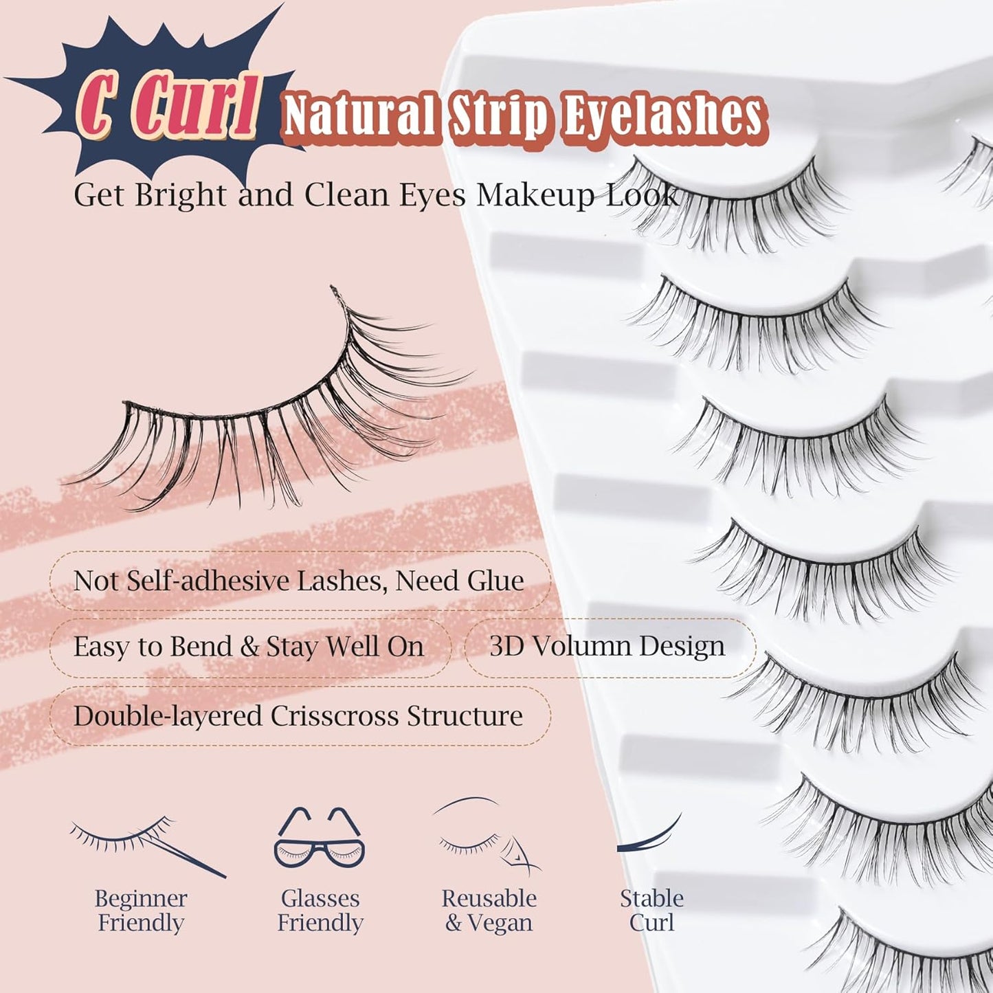 Lashes Short Eyelashes 10MM Natural Lashes Wispy Thin Band Strip Lashes Short Eyelashes Natural Look 3D Volume Lashes 7 Pair Fake Lashes Siligli