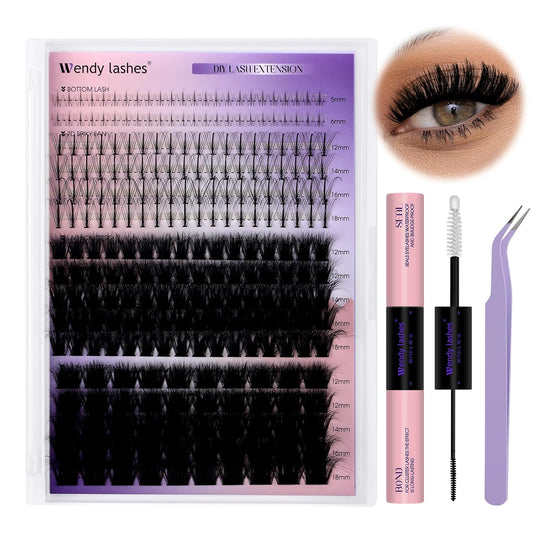 Lash Clusters Kit With Bottom Lashes 60/80/100/200D 3D Effect DIY Lash Extension Kit 12-18mm Multi-types Individual Lashes Bond and Seal, Spike, Volume Lashes Kit Lash Applicator(100/200 3DKit)