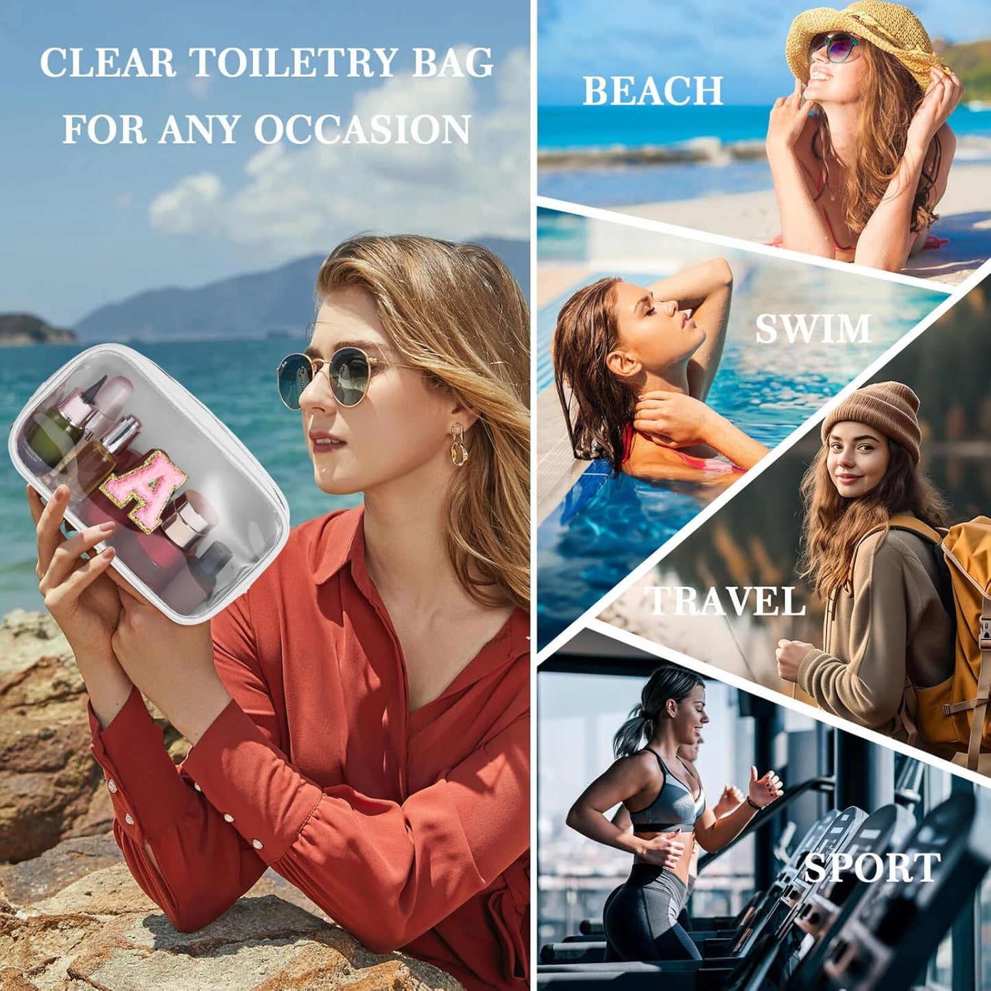 YOOLIFE Initial Make Up Bag Travel Toiletry Bag, Clear Makeup Bag Preppy Cosmetic Bag Gifts for Women Teen Girlfriend Teacher 16 Year Old Girl Gifts Daughter Gifts Swim Gifts For Girls White K