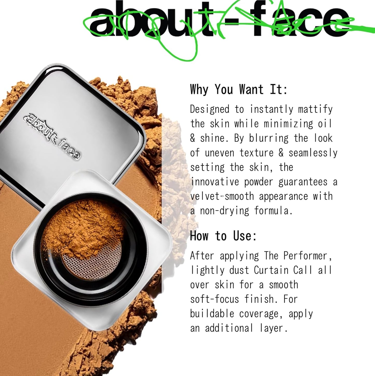 about-face Curtain Call Set & Smooth Loose Powder Partition – Lightweight, Oil-Absorbing Setting Powder with Rice Starch & Corn-Based Talc Alternative – Vegan, Cruelty-Free – 0.35oz (Medium Deep)