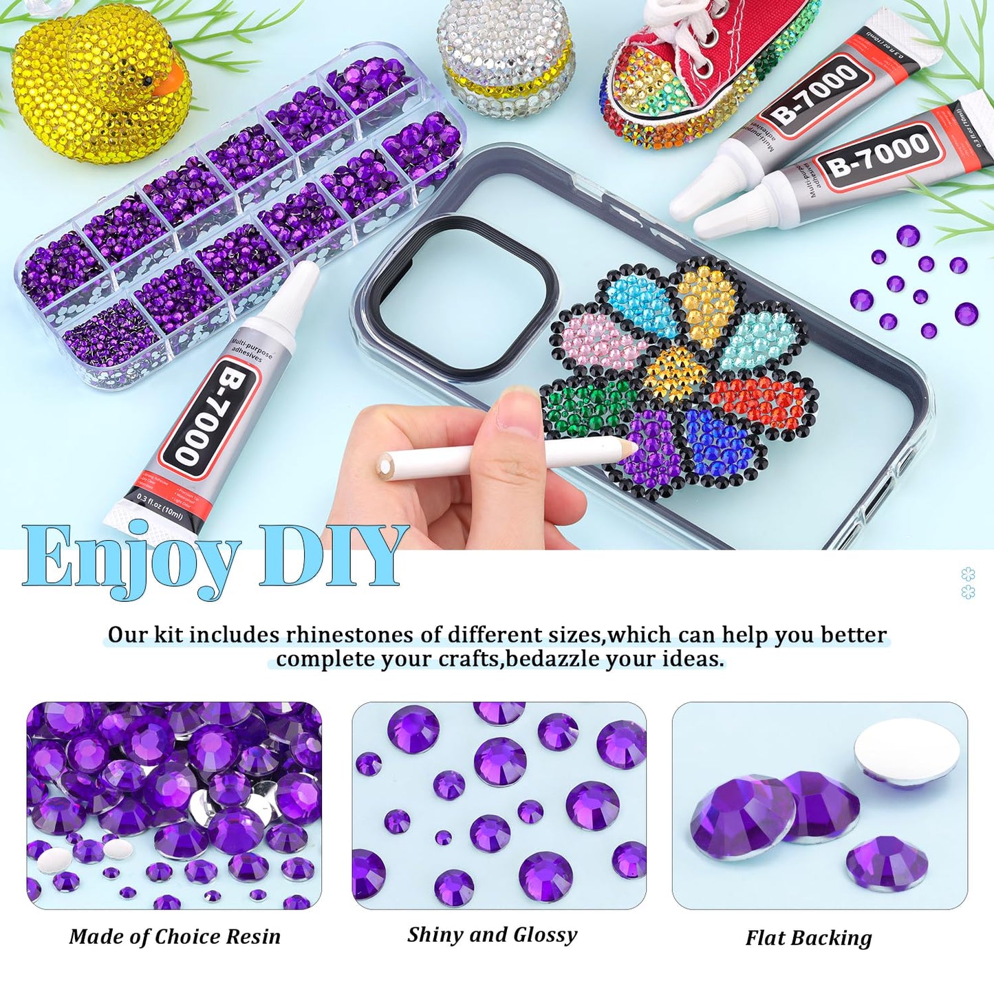 6000Pcs Resin Rhinestones for Bedazzling with 3Pcs B7000 Jewelry Glue, 1 Box Dark Purple Flatback Rhinestones for Crafting Crafts DIY, Crystals Gems for Clothing Shoes Tumblers Nail Art Makeup