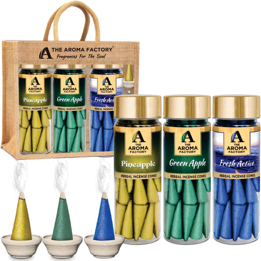 The Aroma Factory Organic Incense Dhoop Cones 3x30 Cones Jute Gift Set with Holder (Fruit Fusion)
