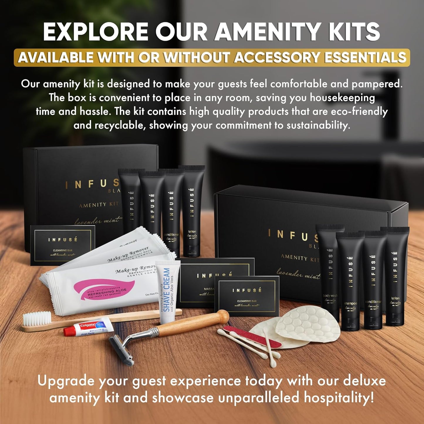 Infuse Black Amenity Kit | Boxed Hotel Toiletries | Bulk Set 1 oz Travel Size Shampoo, Conditioner, Lotion, Body Wash & Cleansing Bar for Guest Hospitality AirBnB/Vacation Rentals | 300 Pieces
