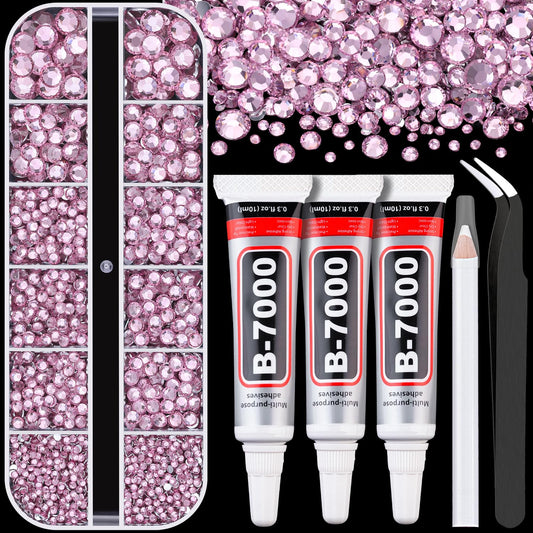 Resin Rhinestones for Crafting 1 Box Light Pink Flatback Crystals with 3 Pcs 10ml B7000 Jewelry Glue, Non-Hotfix Gems for Bedazzling, DIY Nail Art Makeup, Clothing & Shoes Decor