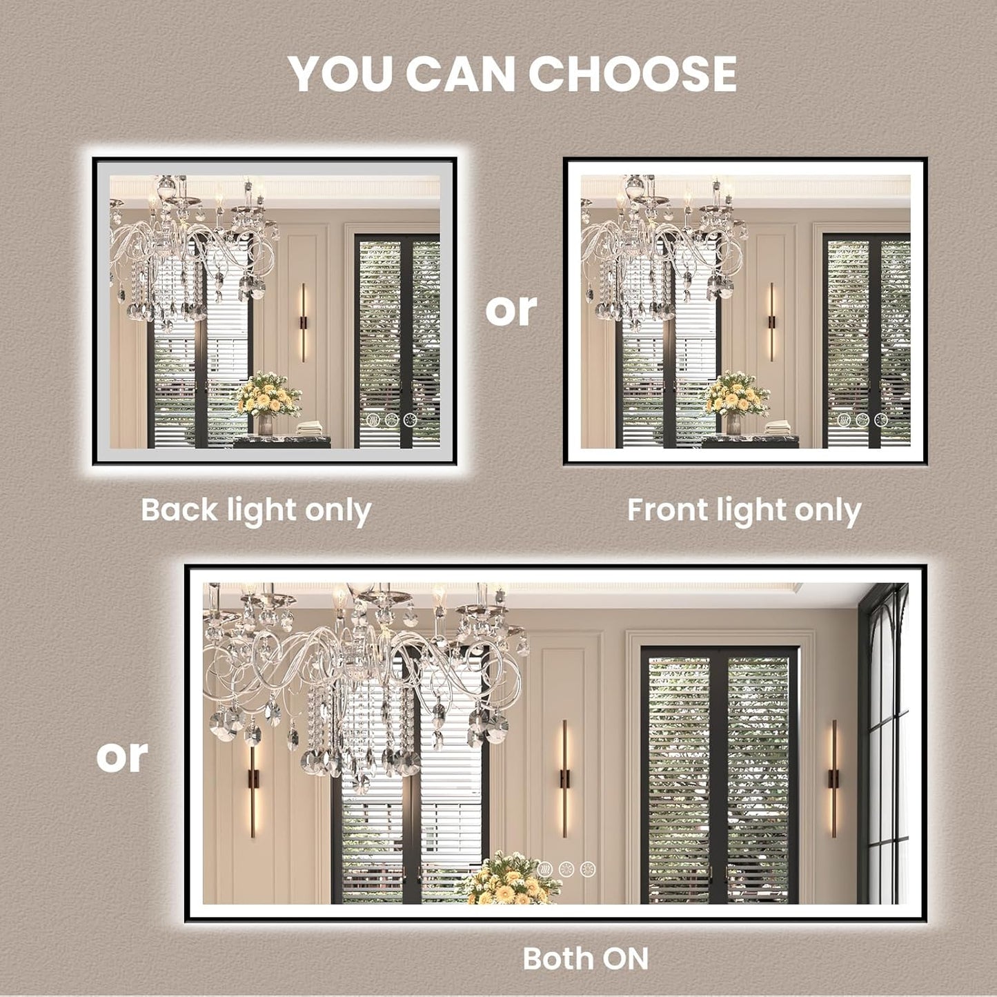 Amorho 24"x 32" LED Bathroom Mirror with Black Frame, Front Light and Backlit(Controlled Separately), Stepless Dimmable, Anti-Fog, Shatter-Proof, 3 Colors, Memory