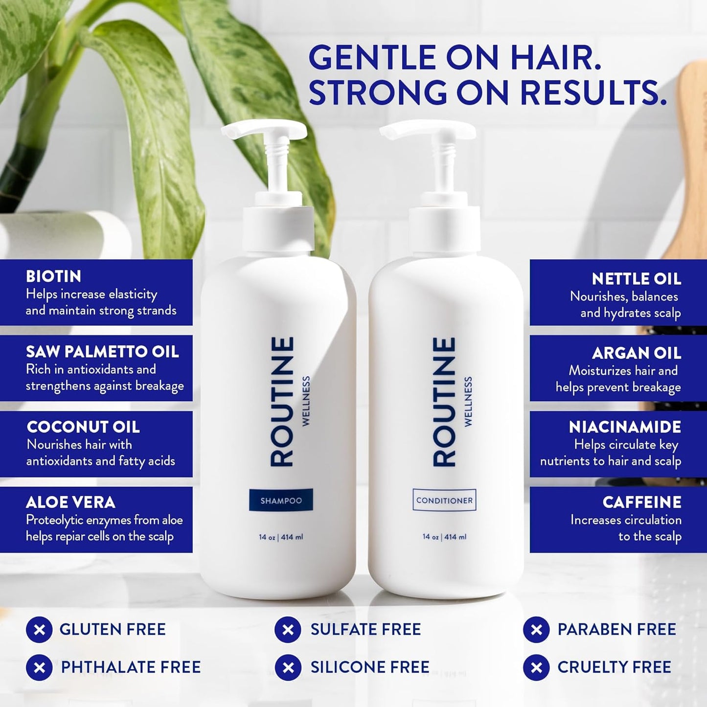 Routine Wellness Shampoo and Conditioner Set and Hair Serum for Thinning Hair - DHT Blocker Women & Men - Color Safe Shampoo for Hair Loss & Healthier Hair - Coconut & Vanilla Set + Serum
