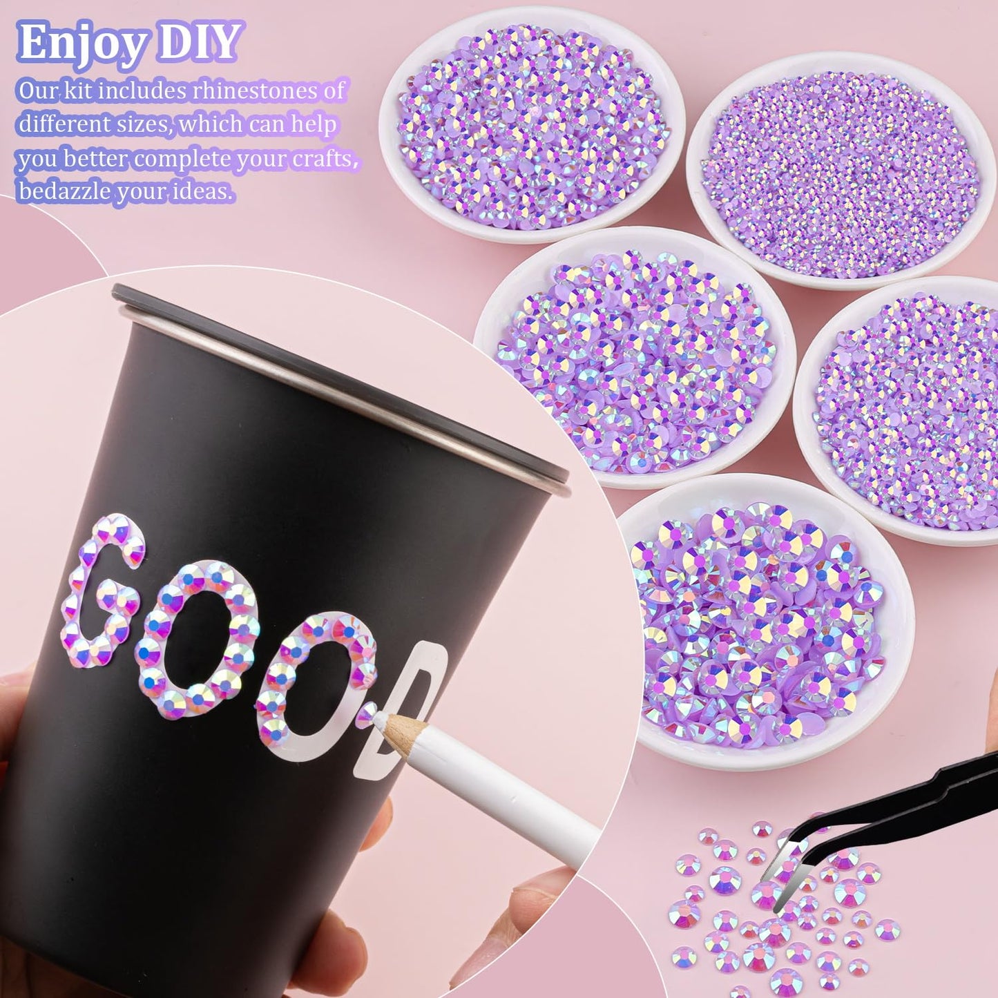 25000Pcs Resin Jelly Rhinestones with Tweezers for Crafting, Lavender Purple AB Flatback Gems, Bedazzling Crystal with 3Pcs 10ml B7000 Jewelry Glue for DIY Crafts Clothing Tumblers Shoes Nail Art