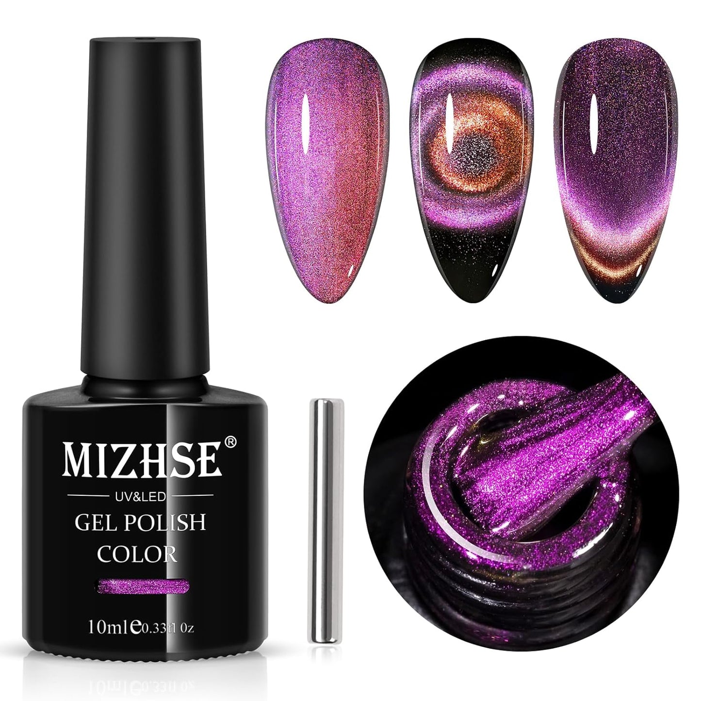 MIZHSE 9D Cat Eye Gel Nail Polish, Rose Red Magnetic Gel Polish with Magnet Stick, Magic Shimmer Galaxy Effect Holographic Glitter Silky Cat Eye Nail Polish Soak Off Nail Art Salon Manicure at Home