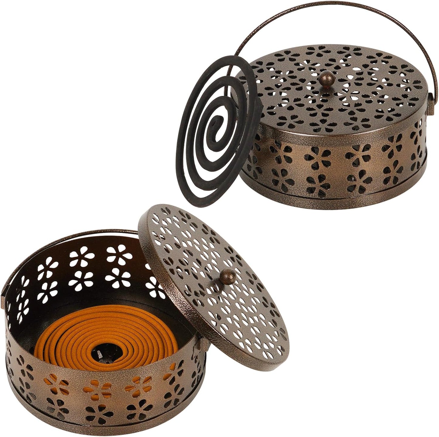 Portable Iron Mosquito Coil Holder with Handle Round Heat-Resistant Incense Holder (2 Pack Bronze)