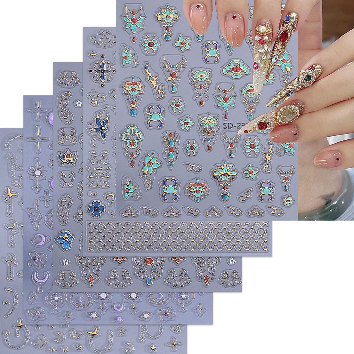 5 Sheets Bohemian Style Nails Art Stickers 3D Self-Adhesive Relief Nails Stickers Stars Moon Sun Golden Butterfly Flower Nail Decal Supplies Women's DIY Bohemian Nail Art Decoration