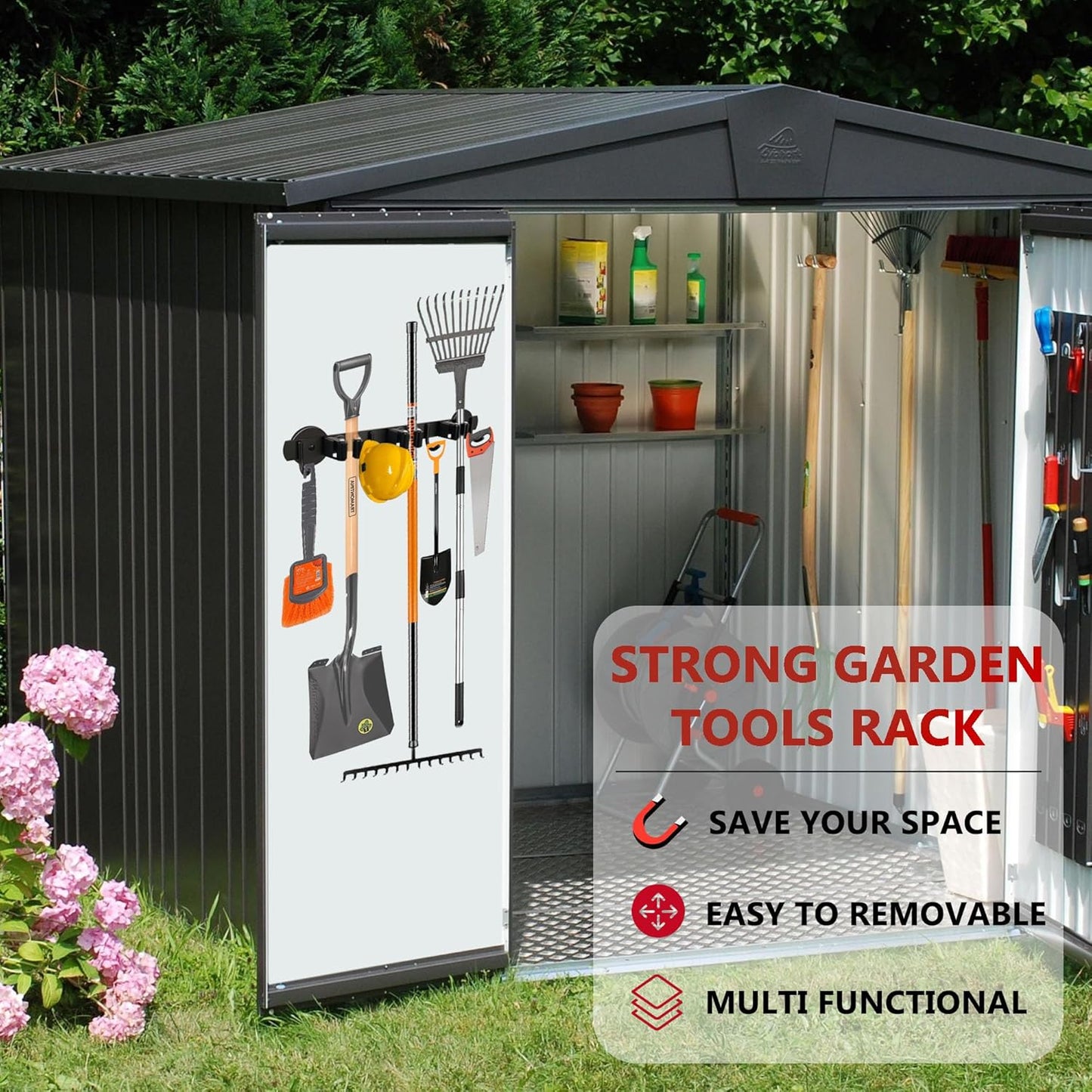 ULIBERMAGNET Magnetic Mop Broom Holder,Heavy Duty Movable Magnetic Broom Holder Rack,Anti-slip Wall Mounted Utility Storage Mop Shovel Hanger for Garage, Kitchen, Laundry, Garden(3 Racks / 4 Hooks)