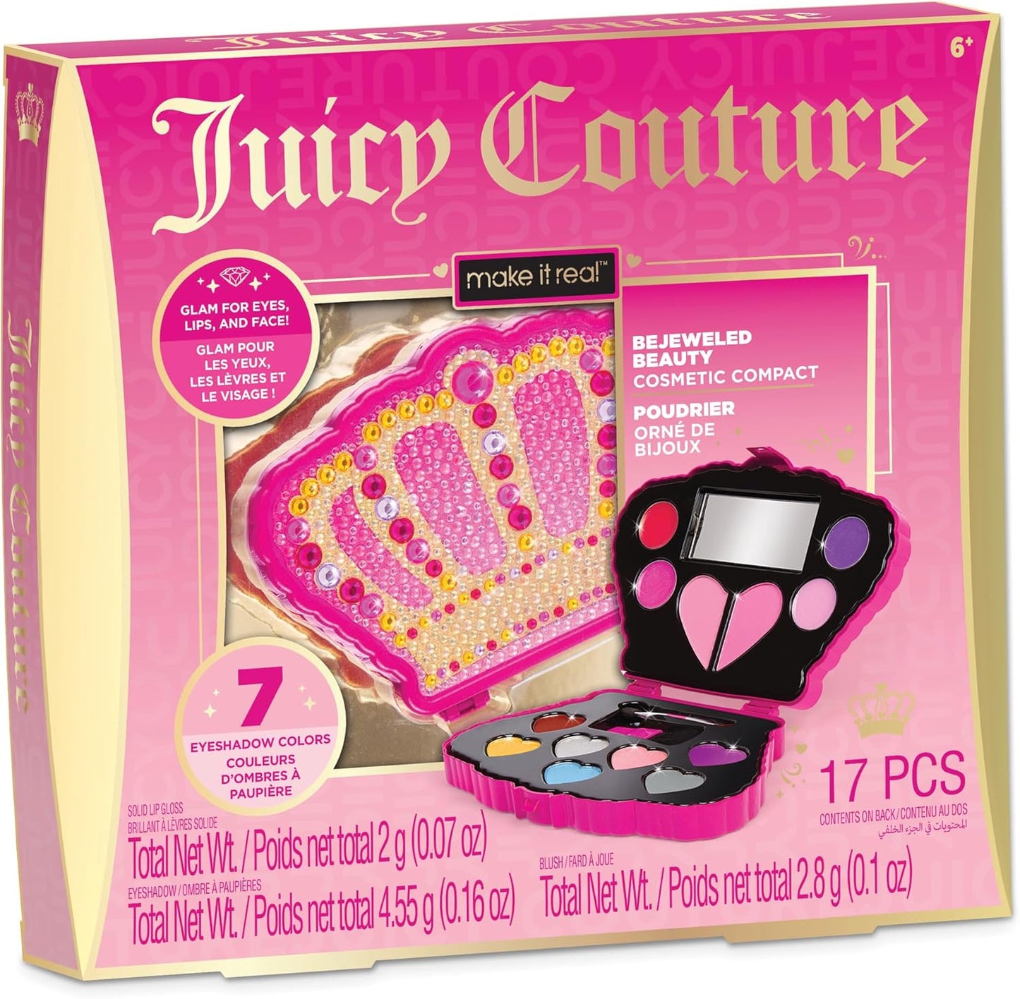 Make It Real: Juicy Couture Bejeweled Beauty Cosmetic Compact - Glam for Eyes, Lips & Face, Crown Shaped Makeup Case, Girls & Kids Ages 6+