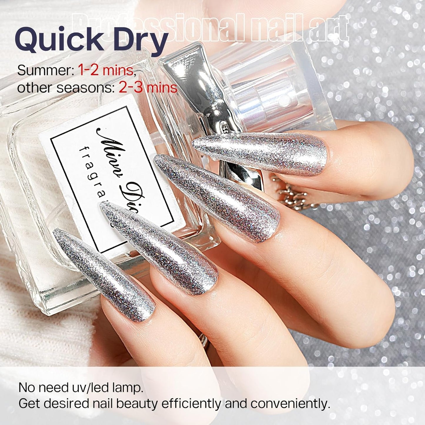 MIZHSE Quick Dry Glitter Silver Nail Polish, Classic Nail Polish Air Dry Fast, 15ml High Glossy Sparkly Shiny Shimmery Nail Art Salon Manicure Home
