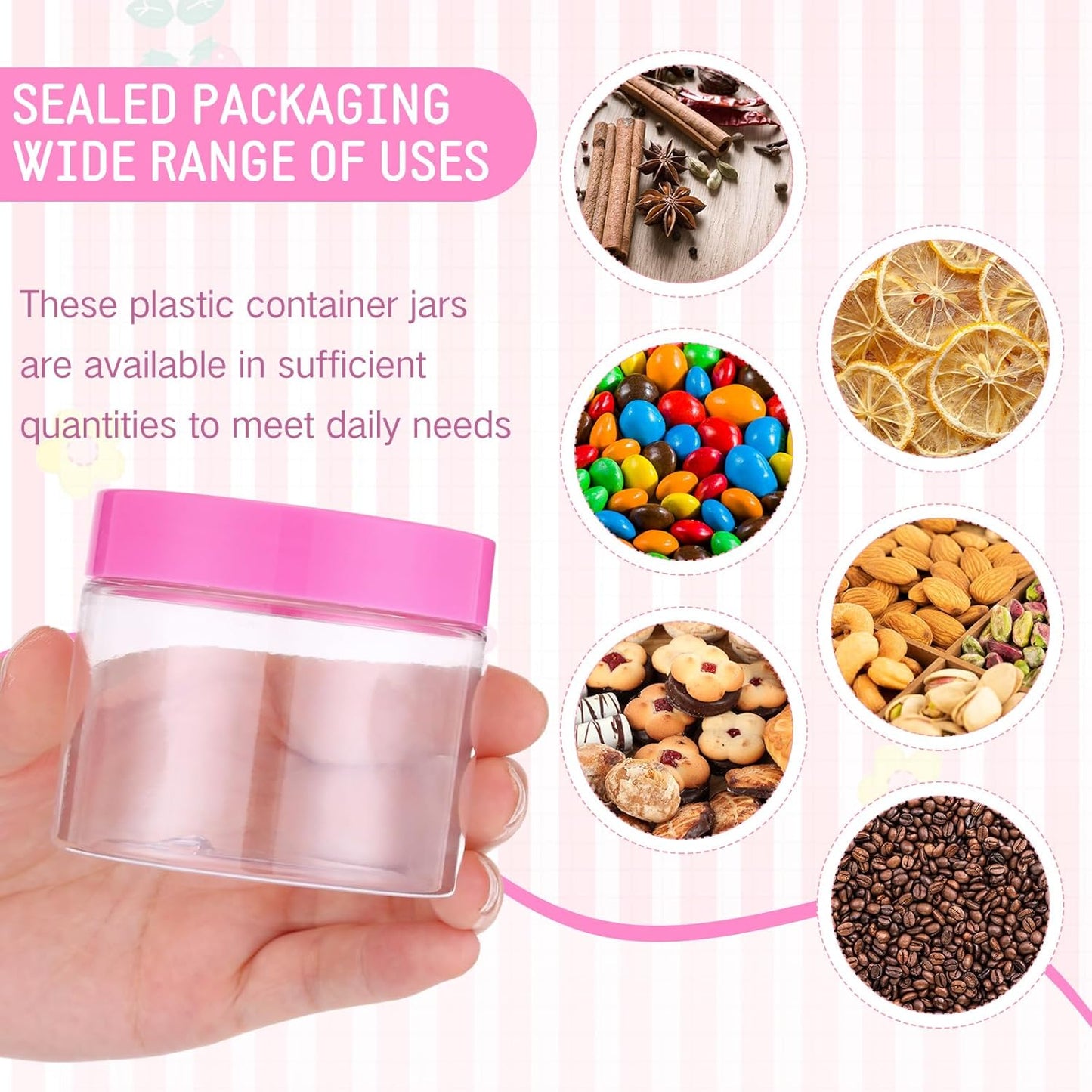 SATINIOR 24 Pieces Empty Clear Plastic Jars with Lids Round Storage Containers Wide Mouth for Beauty Product Cosmetic Cream Lotion Liquid Butter Craft and Food(Pink Lid,6 oz)