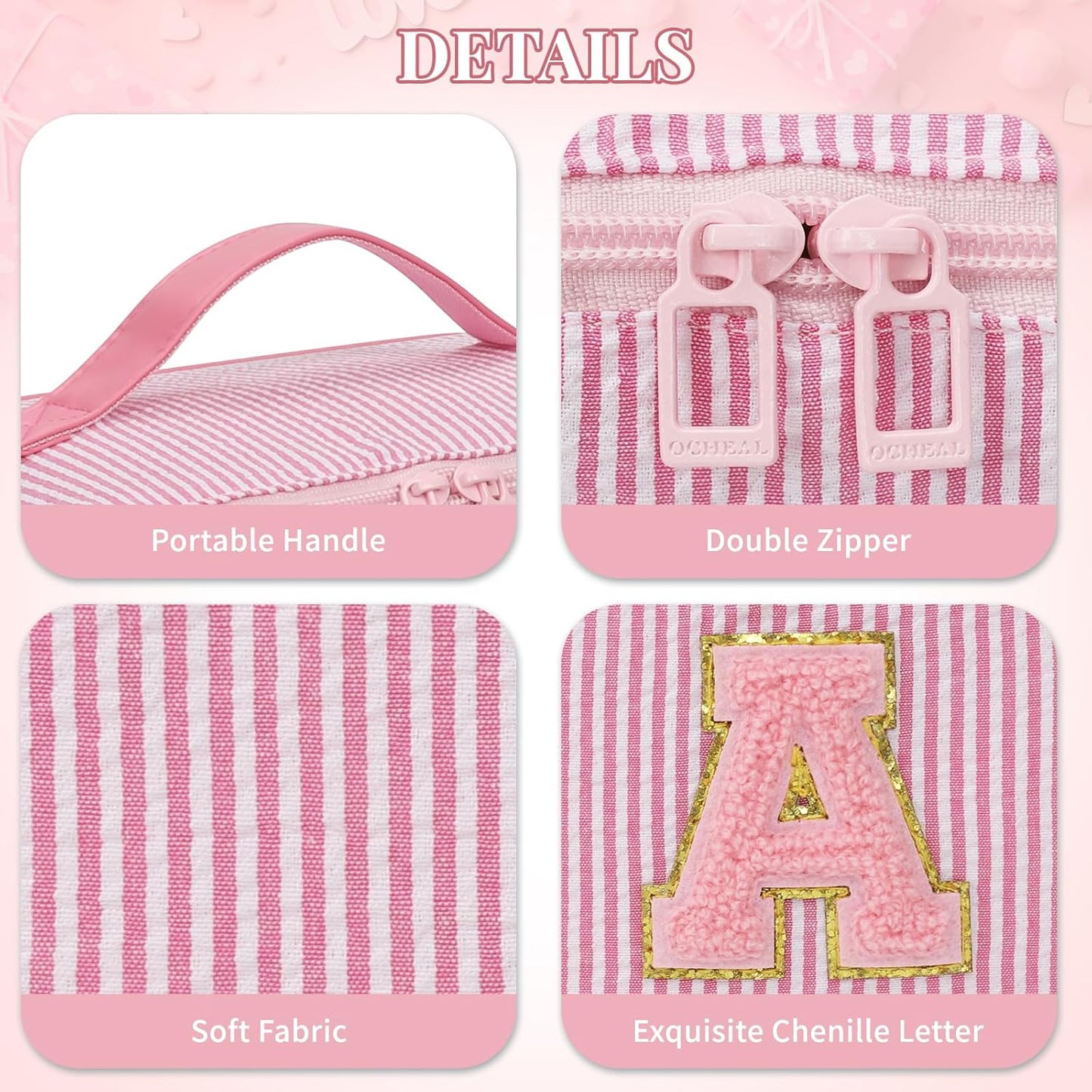 Travel Makeup Bag for Women, 2Pcs Portable Personalized Initial Makeup Organizer Bag, Open Flat Large Cosmetic Bag With Travel Essential Pouch (Pink Letter S)