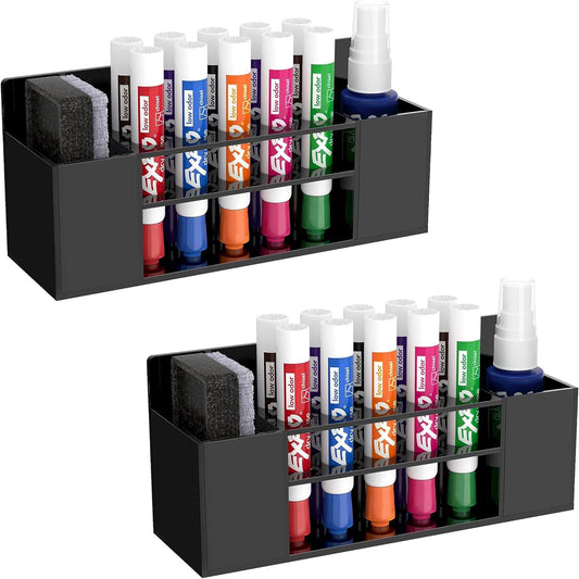 HBlife 2 Pcs Acrylic Magnetic Dry Erase Marker Holder for Whiteboard, Wall Mount 10 Slots Magnet Pen Pencil Holder for Fridge Refrigerator, Locker Organizer Accessories for Classroom Office, Black