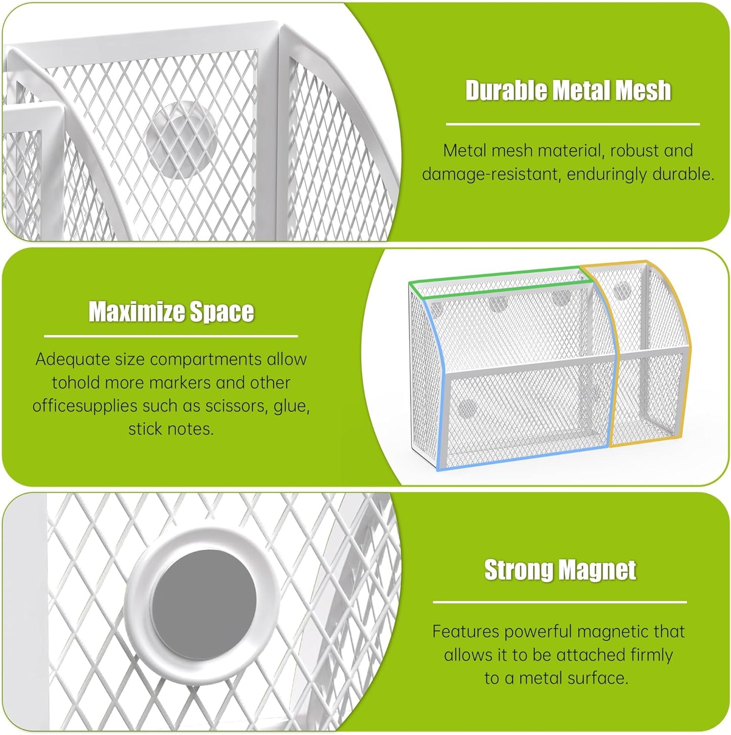 YINGHUA Strong Magnetic Pen Holder for Whiteboard and Refrigerator 3 Compartments Metal Mesh Organizer Space Saving Shelf for Office School Home and Locker - White