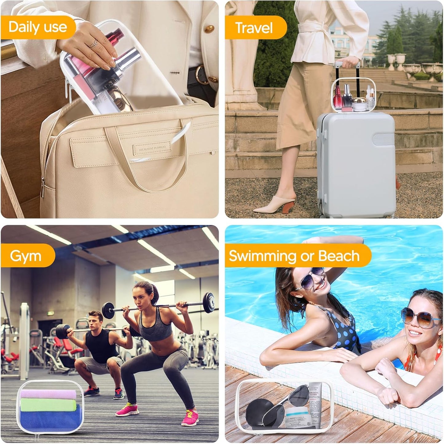 3Pcs Clear Zipper Pouch, PVC Plastic Cosmetic Travel Bag, Portable Travel Organizer Bins, Durable Makeup Bags for Toy Storage, Pencil Case(White-13.8+9.9+7.5inch)