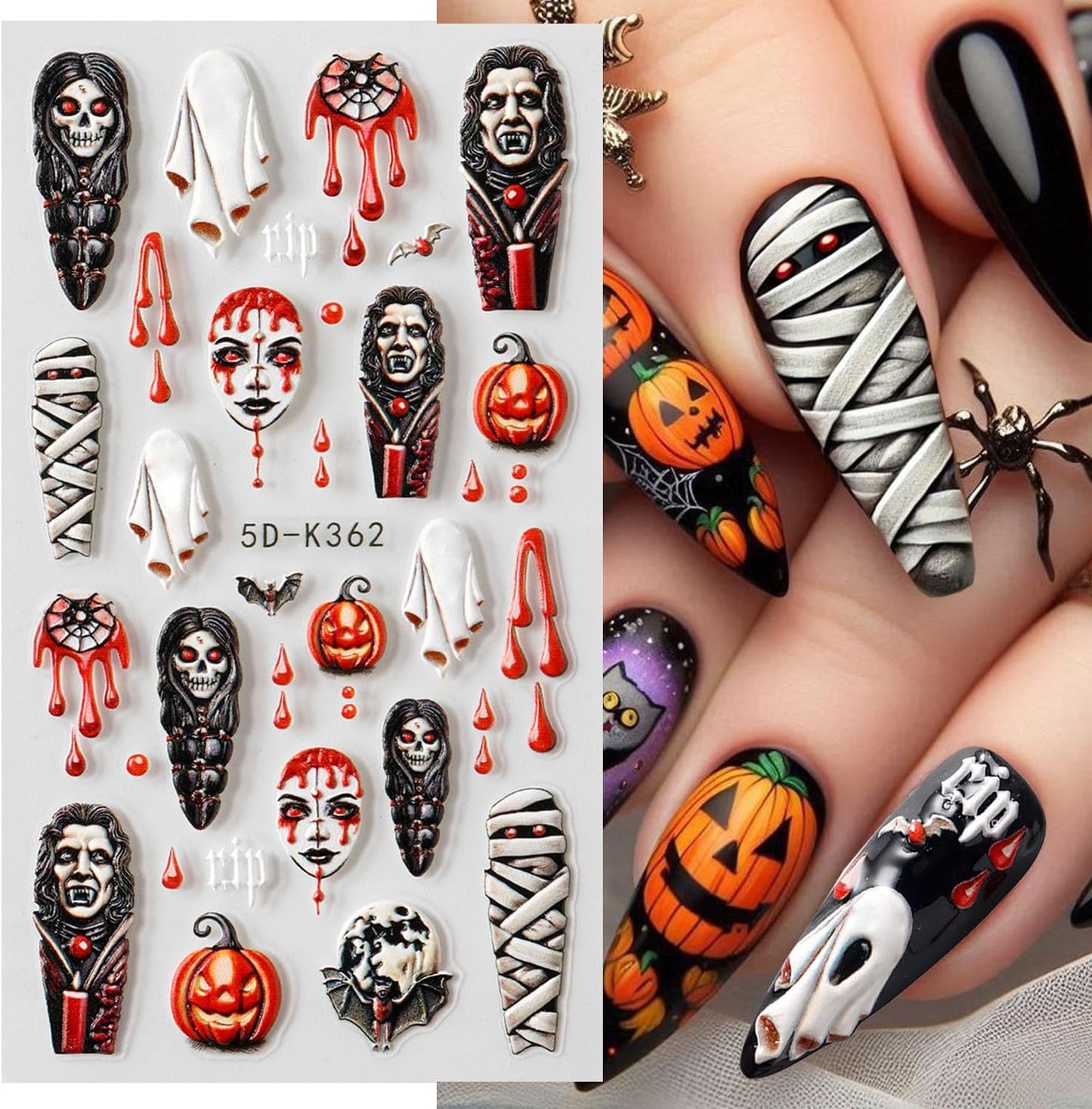 2 Sheets Halloween Nail Art Stickers 5D Embossed Horror Ghost Nail Stickers Big Red Lips Pumpkin Devil's Flame Eye Bat Design Terror Spider Mummy Nail Decals for Women Acrylic DIY Nail Decorations