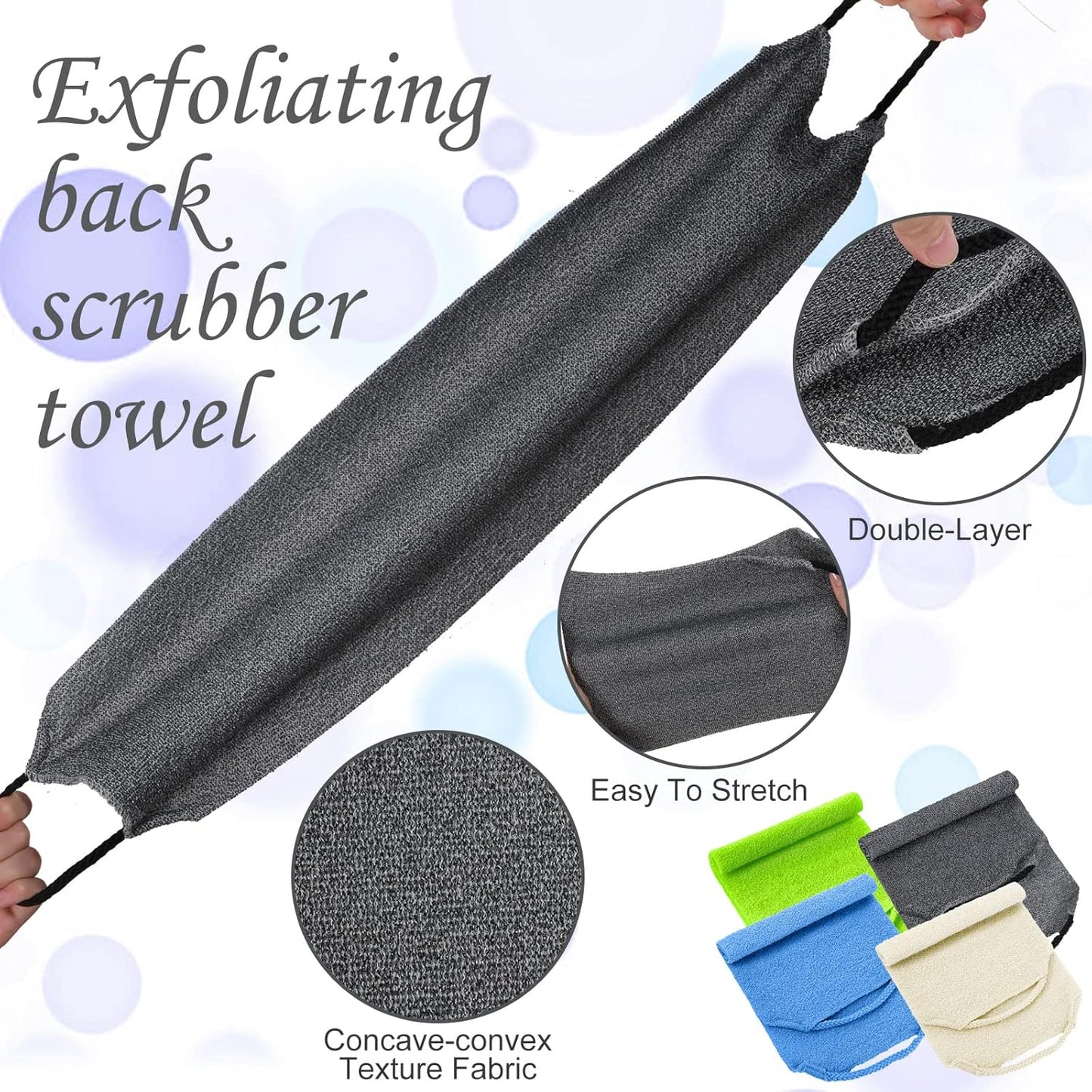 Moukeren Exfoliating Back Scrubber with Handles 4 Pack Nylon Back Exfoliator Extended Length Washers Scrubbers Stretchable Pull Strap Exfoliating Washcloth(Dark Blue, Gray, Beige, Fluorescent Green)