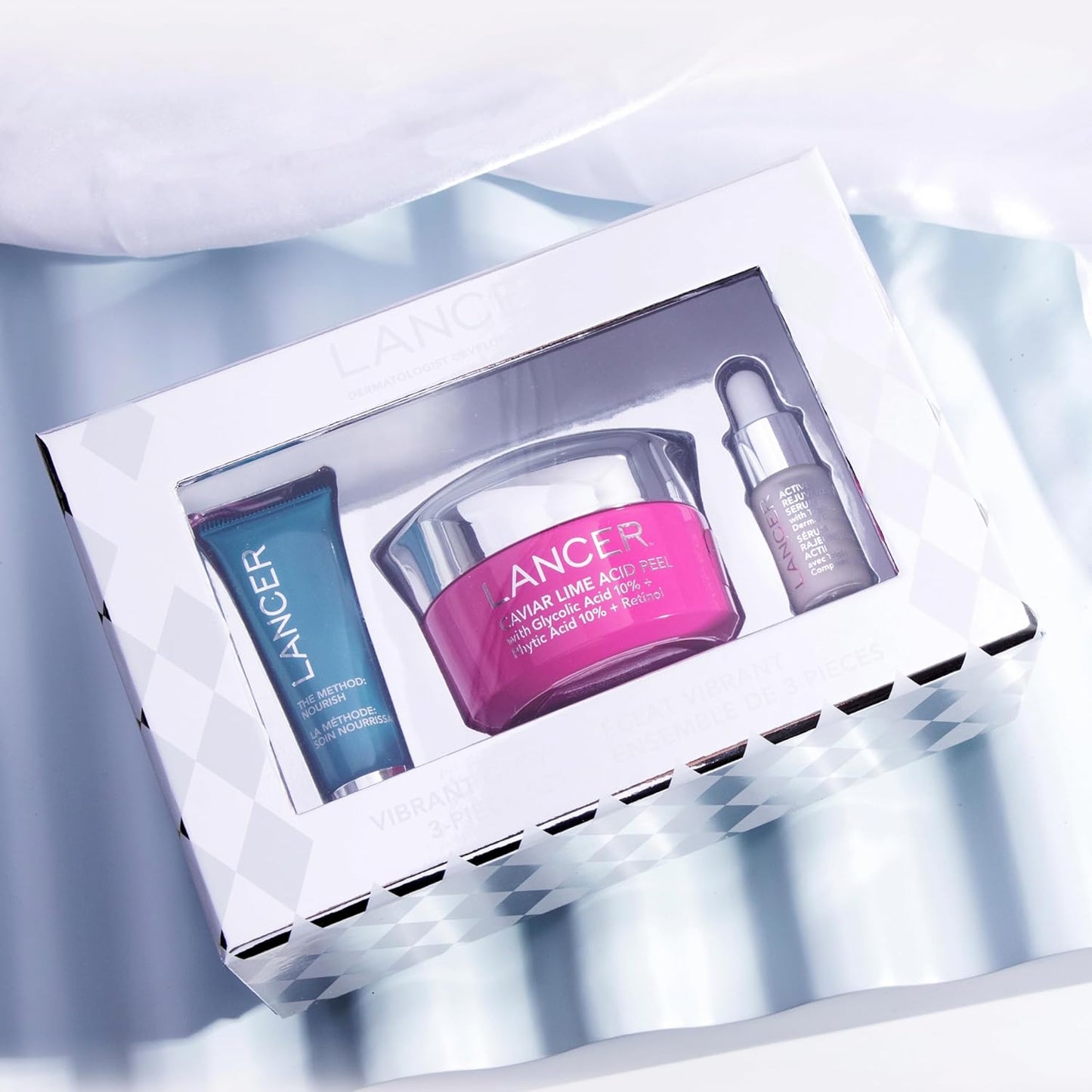 Lancer Skincare Vibrant Glow 3-Piece Set, Contains Moisturizing Face Mask, Caviar Acid Peel, Active Rejuvenation Serum for Vibrant Skin