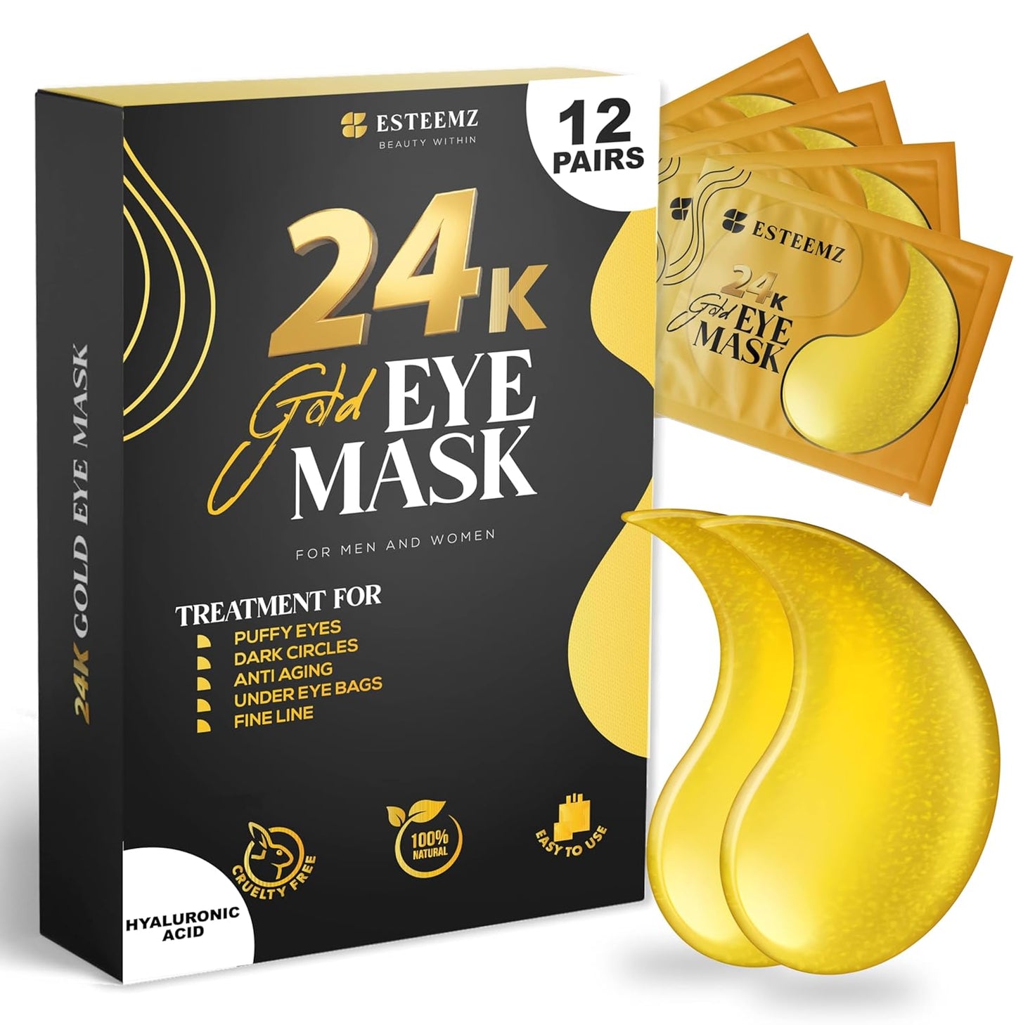 24K Gold Under Eye Patches For Puffy Eyes (12 Pairs Individually Wrapped) - Collagen Enriched Under Eye Masks for Dark Circles and Puffiness, Hyaluronic Acid Under Eye Mask Patches for Wrinkles