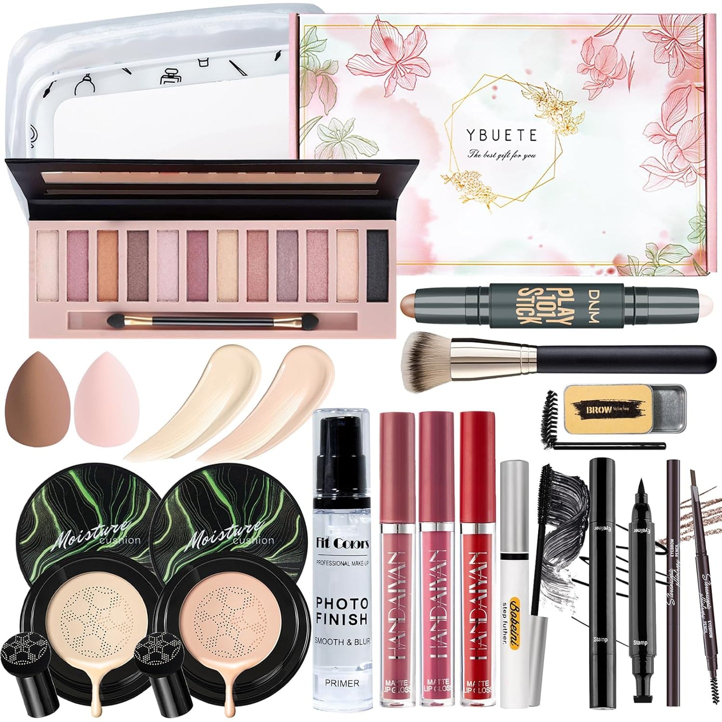 Makeup Kit Set for Women, Makeup Present for Women Teen Girl, Eyeshadow CC Cream Foundation Face Primer, Makeup Brush Sponge, Lipstick, Eyebrow Soap Pencil Mascara Eyeliner Cosmetic bag