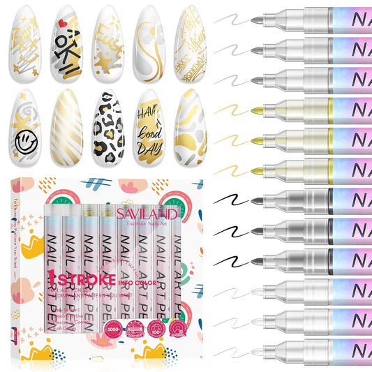 SAVILAND Essentials Nail Art Pen Set: 12PCS Quick Dry 3D Nail Polish Pens for Nail Art Design with Fine Tips Acrylic Paint Markers for Drawing Liner Dotting and DIY Manicure Tools Kit at Home