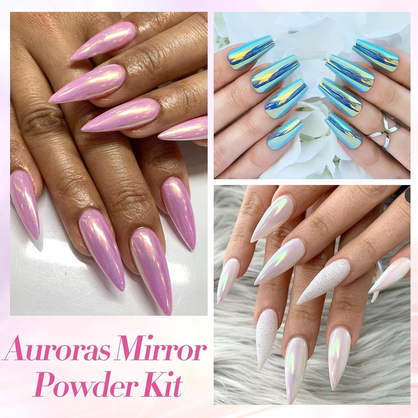 Born Pretty Chrome Nail Powder Metallic Mirror Effect Pigment Iridescent Mermaid Pearl Auroras Nail Powder Glitter Dust Kit for Gel Polish Nail Art Decoration