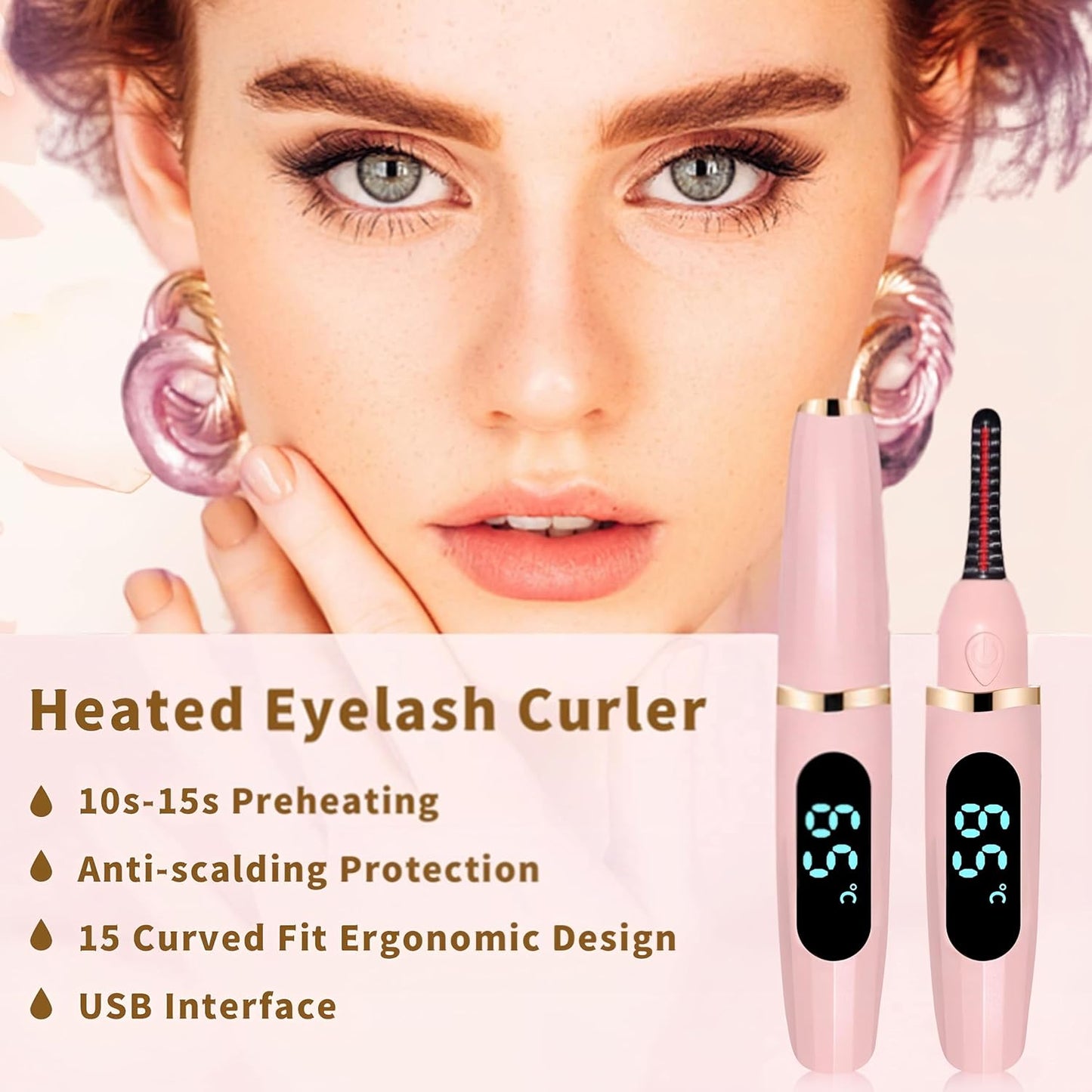 Heated Eyelash Curler with Led Display Electric Eye lash Curler 3 Temp Settings for Makeup Tools for Achieving A Natural Curl and Long Lasting Eyelashes, Designed for Women, Pink
