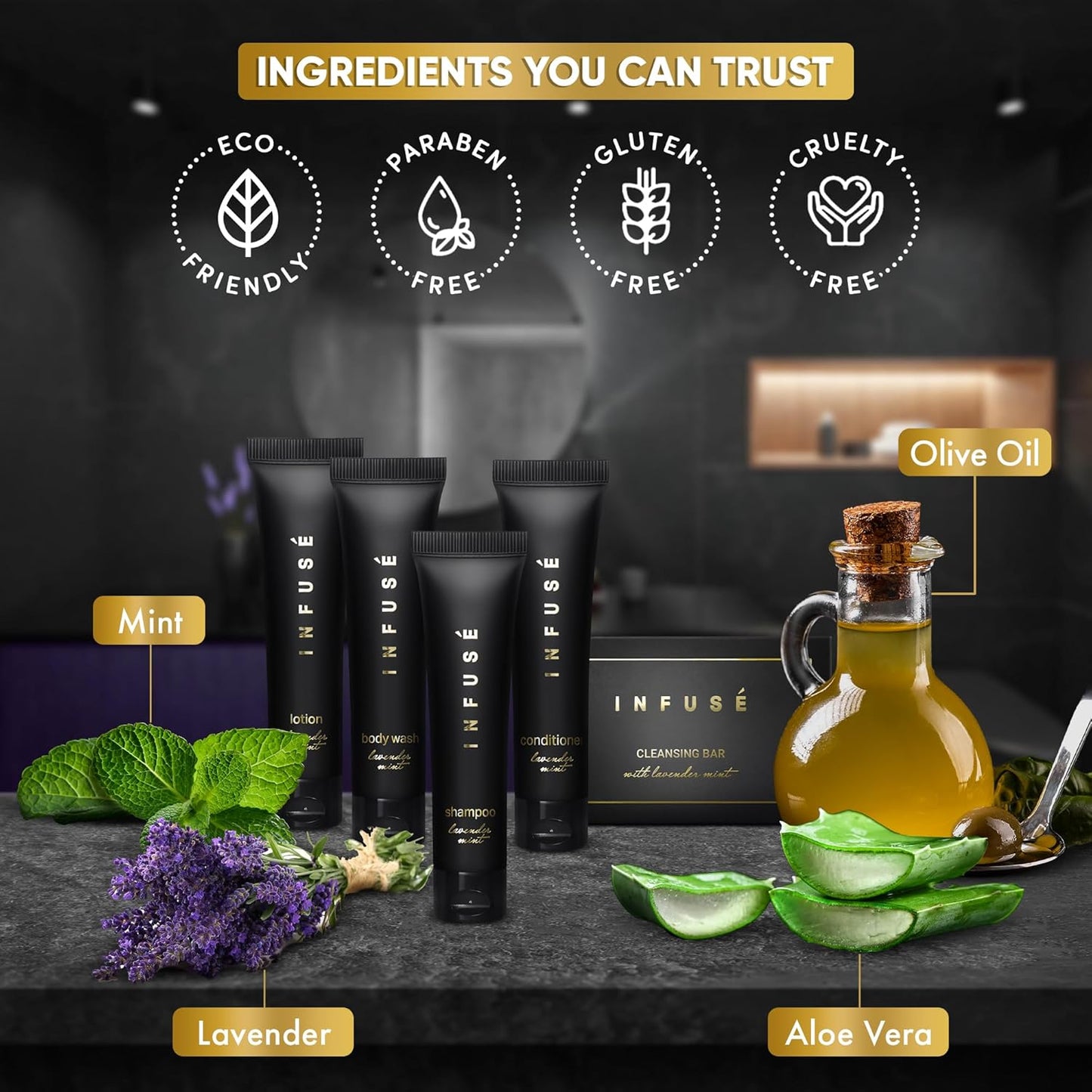 Infuse Black Amenity Kit | Boxed Hotel Toiletries | Bulk Set 1 oz Travel Size Shampoo, Conditioner, Lotion, Body Wash & Cleansing Bar for Guest Hospitality AirBnB/Vacation Rentals | 300 Pieces