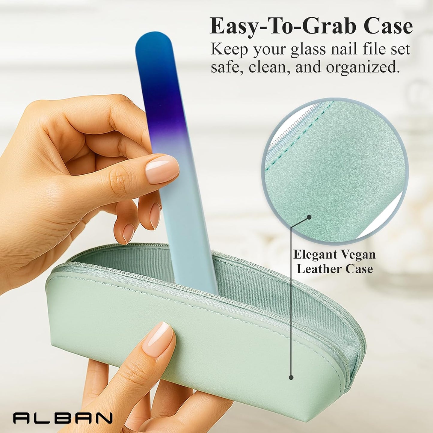 Alban Czech Glass Nail File Set with Manicure Stick & Vegan Leather Cosmetic Case (Royal Blue & Purple Nail Files, Light Blue Manicure Stick & Cosmetic Case)