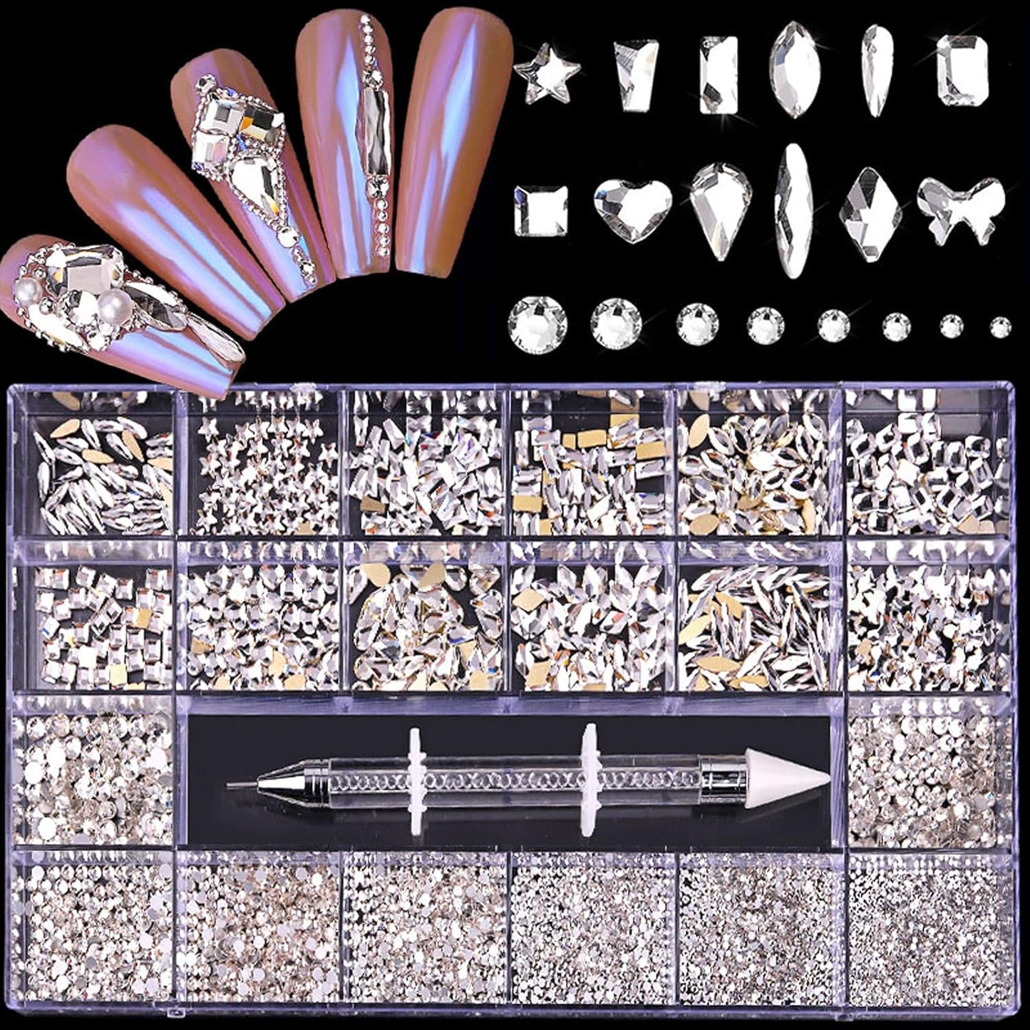 Nail Rhinestones Kit, Nail Art Decorations Flat AB Rhinestones Kit DIY Crafts Gemstones for Nail, Shoes, Clothes, Jewels (600 Clear Diamonds + 2500 Flat Rhinestone)
