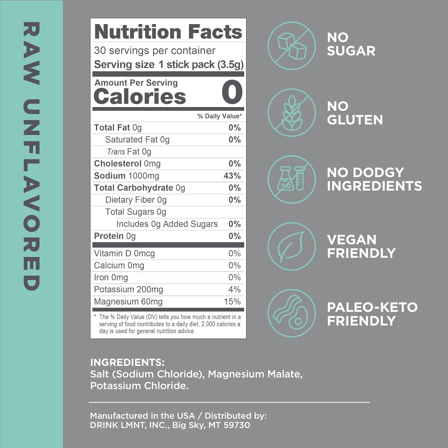 Drink LMNT Zero Sugar Electrolytes - Raw Unflavored Salt | Drink Mix | 30-Count