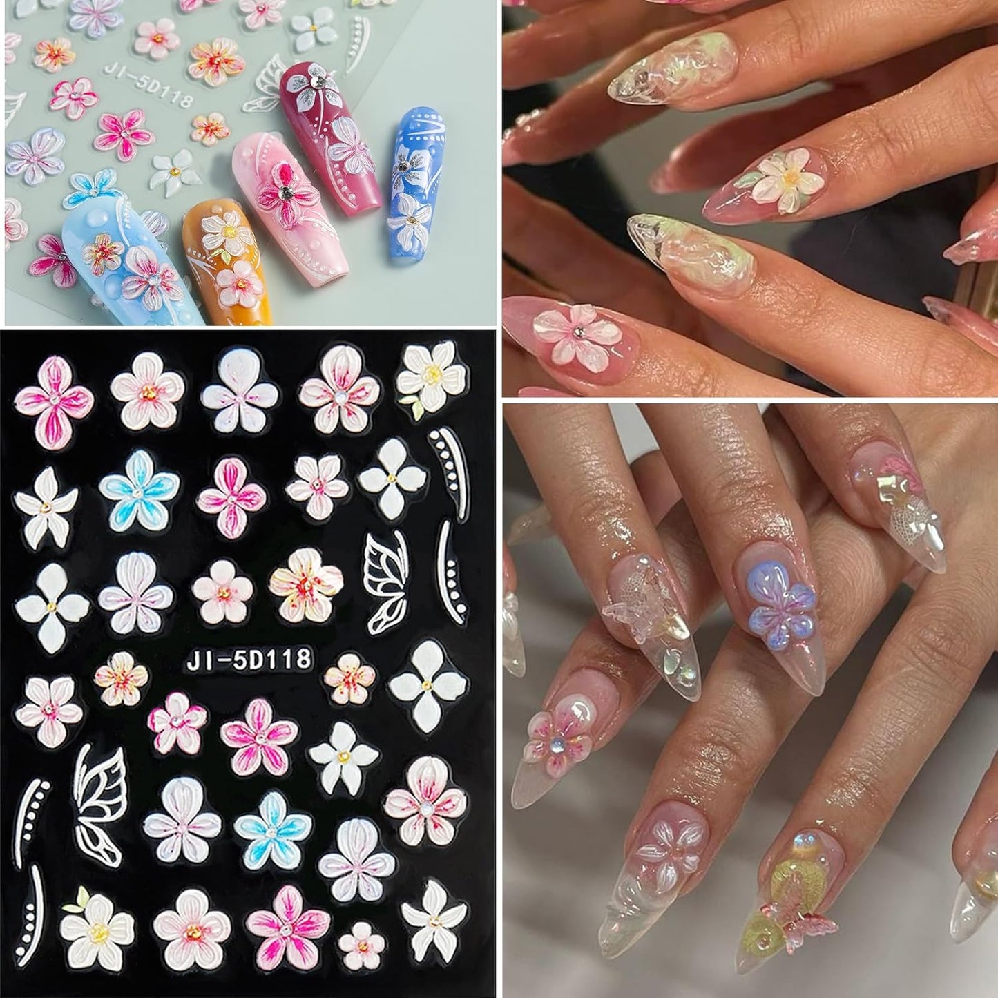 Spring Flower Nail Art Stickers Decals Floral Nail Decals Self Adhesive 5D Embossed for Women Nails Design Decoraion Colorful 3D Flower Mails Stickers Supplies