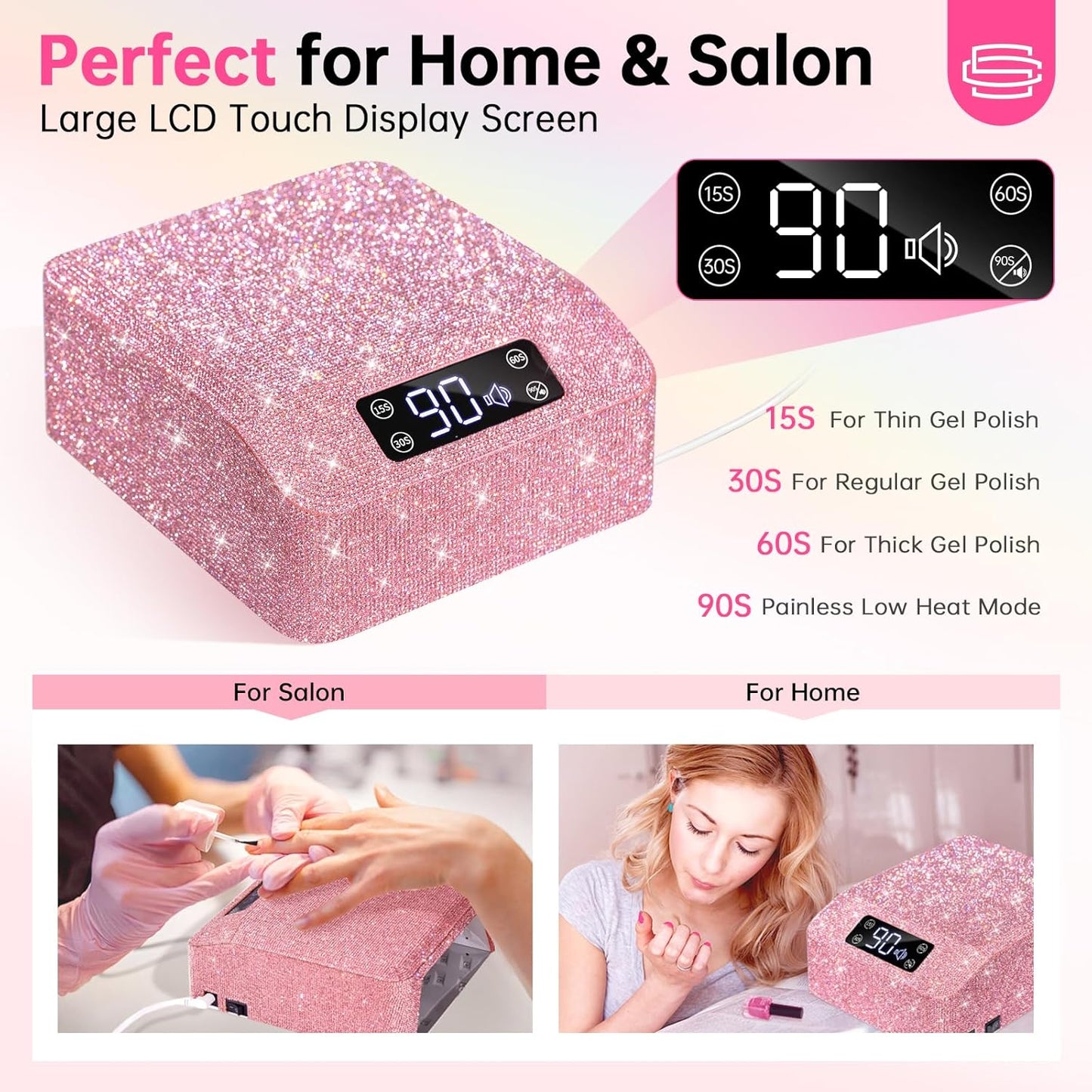 UV LED Nail Lamp 96W Plug-in Nail Dryer Sparkly Gel Polish Light 4 Timer Setting Professional Quick Dry Curing Lamp with Display Auto Sensor for Salon & Home