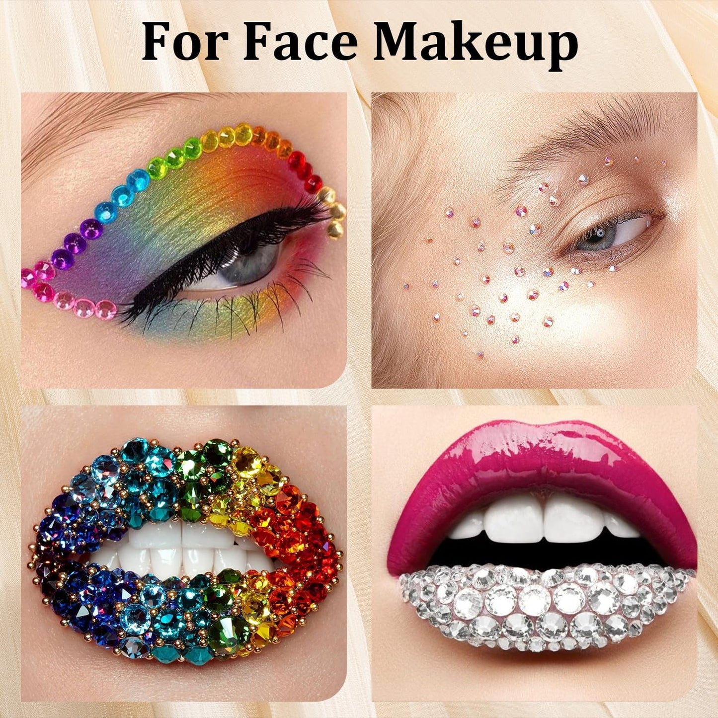 Colorful Face Gems for Makeup Set, Flatback Gorgeous AB+Clear+Mixed-colored Gem with Makeup Glue, Picker Pencil, Makeup Glue, Dual-End Dotting Tool, Tweezer for Eye Body Hair Make-up and Nail Art Deco
