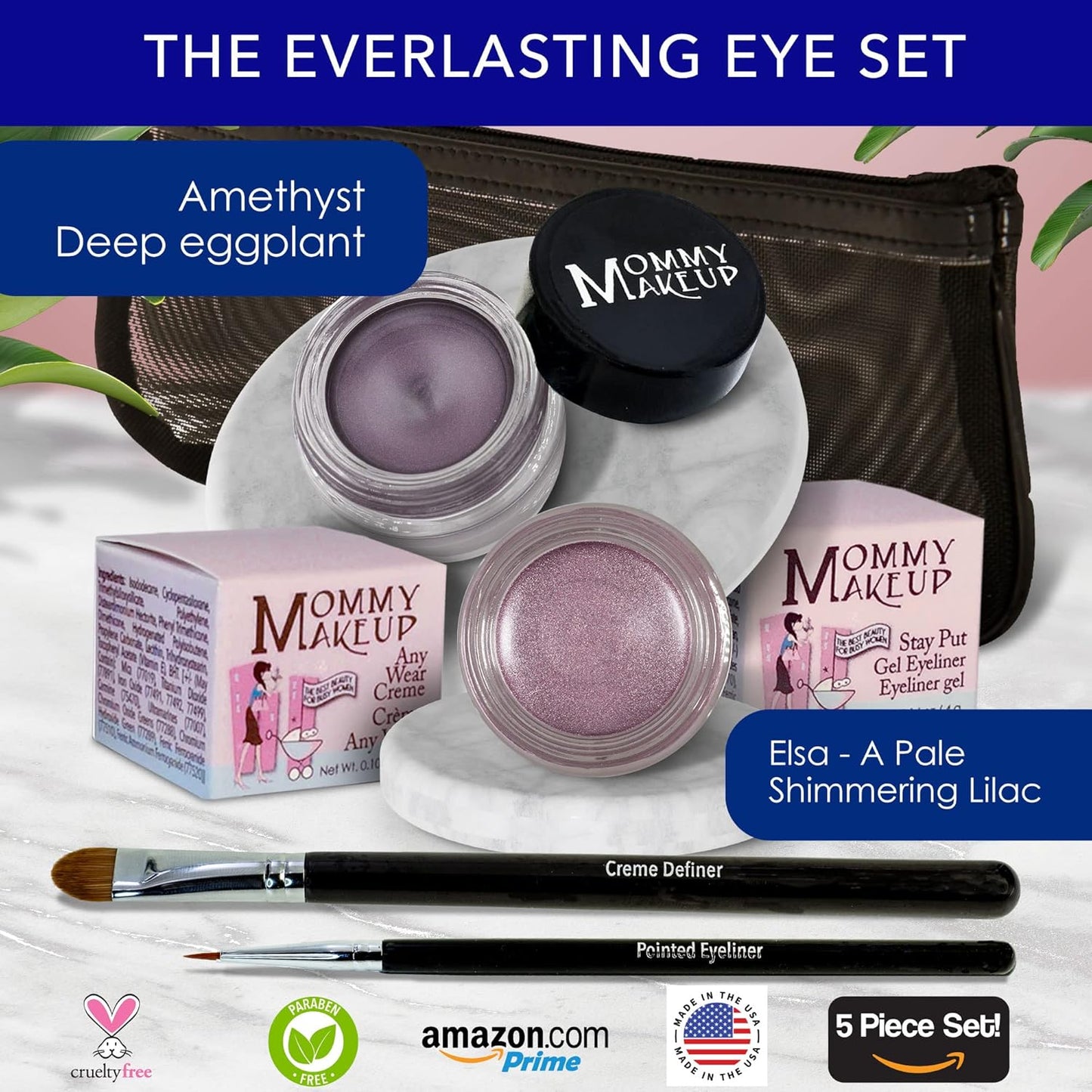 The Everlasting Eye 5 Piece Waterproof Makeup Set. Gel Eyeliner, Creme Eyeshadow, 2 brushes and Mesh Bag. Paraben-free, Talc-free, Cruelty-free. Elsa/Amethyst 1106