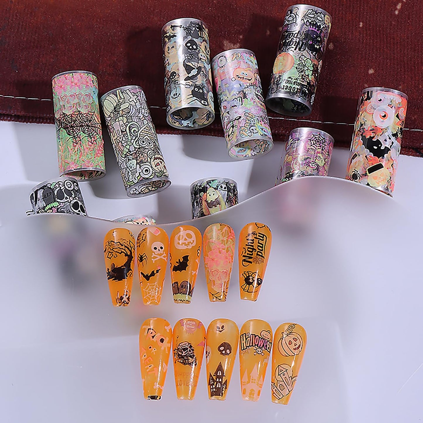 Halloween Nail Foil Transfers Stickers 10 Rolls Cartoon Design Halloween Nail Art Foils Decals Ghost Pumpkin Spider Bat Nail Transfer Foil Cute Nails Supplies Set for Women DIY Manicure Decorations