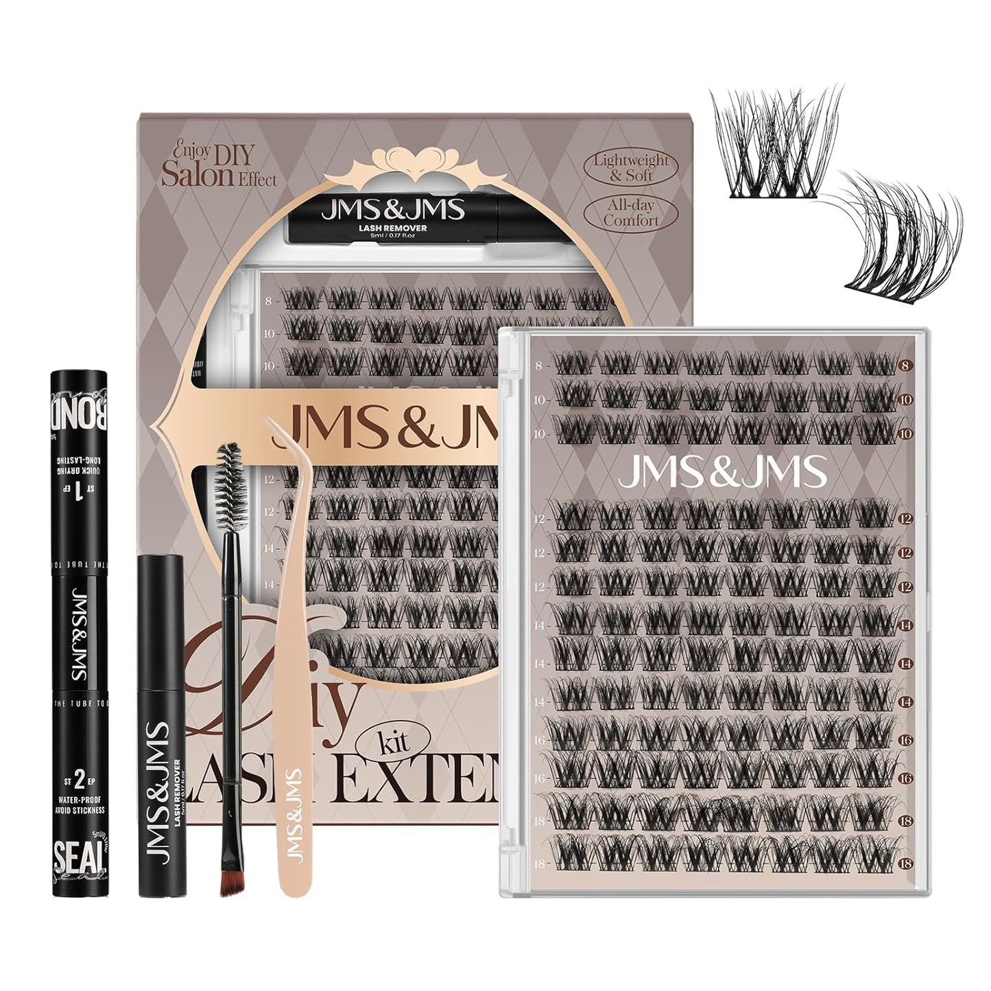 JMS&JMS Lash Clusters Kit Lash Extension Kit with Lash Bond and Seal Eyelash Applictor Lash Remover Eyelash Brush Lash Extension Kit for Beginner (3D BABY SOFIA-8-18mix)