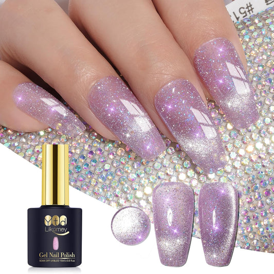 YTD Likomey Cat Eye Gel Nail Polish,15ml Pastel Pink Purple Brocade Glitter Flash Holographic Translucent Jelly Sheer Magnetic Shimmer Fall Winter UV Color Varnish with Magnet Stick,MY363