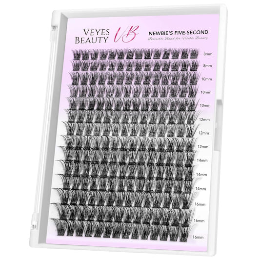 VEYESBEAUTY Lash Clusters Individual Eyelash Extensions Thin & Invisible Band DIY False Eyelashes for Self-application Newbie's Five-Second Series Wispy Lash Tray, Boldeye 8-16mm Mixed Length