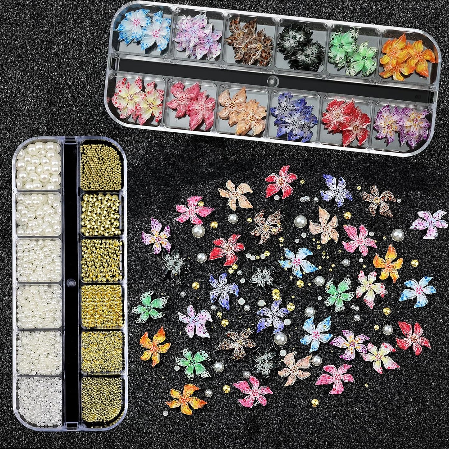 Flower Nail Art Charms with Rhinestones Glue Gel Cream Flatback Pearls Luxurious Nail Gems Supplies Accessories Gold Silver Nails Decoration Pearls for Women Nails Design