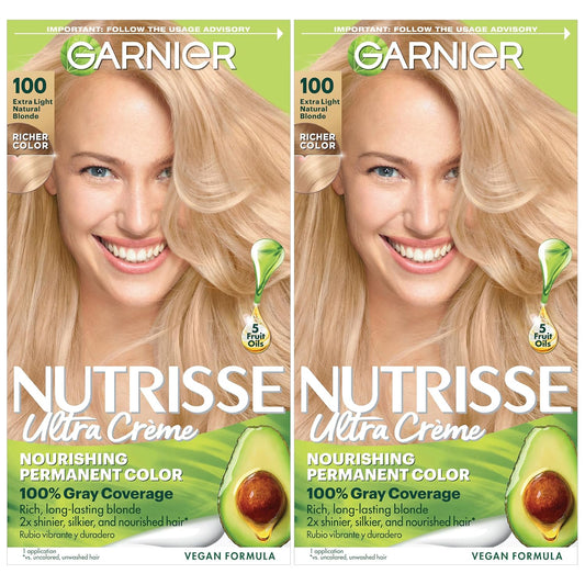 Garnier Hair Color Nutrisse Nourishing Creme, 100 Extra-Light Natural Blonde (Chamomile) Permanent Hair Dye, 2 Count (Packaging May Vary)
