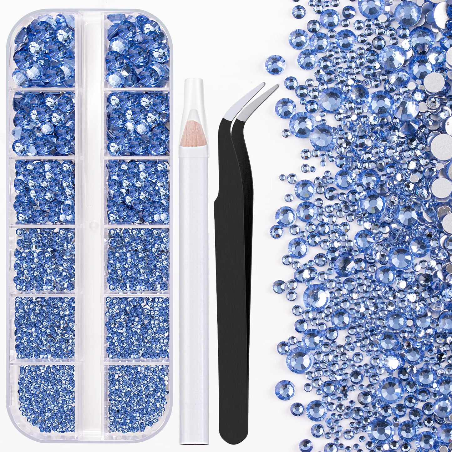One Pack 2000 Pcs of Flatback Round Sky Blue Rhinestones 6 Sizes (1.5-6 mm) with Nail Art Rhinestone Picker Pencil and Tweezer for DIY and Salon Use