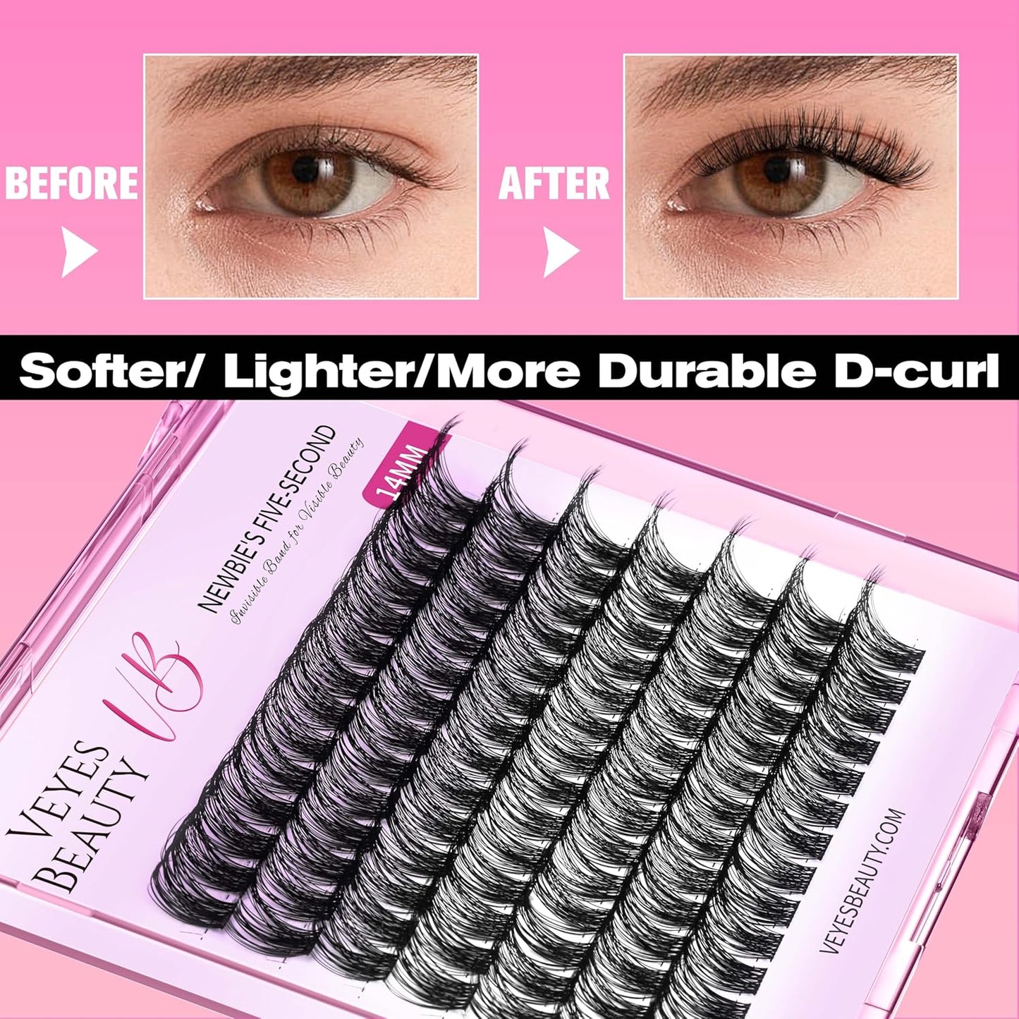 VEYESBEAUTY Lash Clusters Individual Eyelash Extensions Thin & Invisible Band DIY False Eyelashes for Self-application Newbie's Five-Second Series Wispy Lash Tray, Boldeye 14mm Single Length