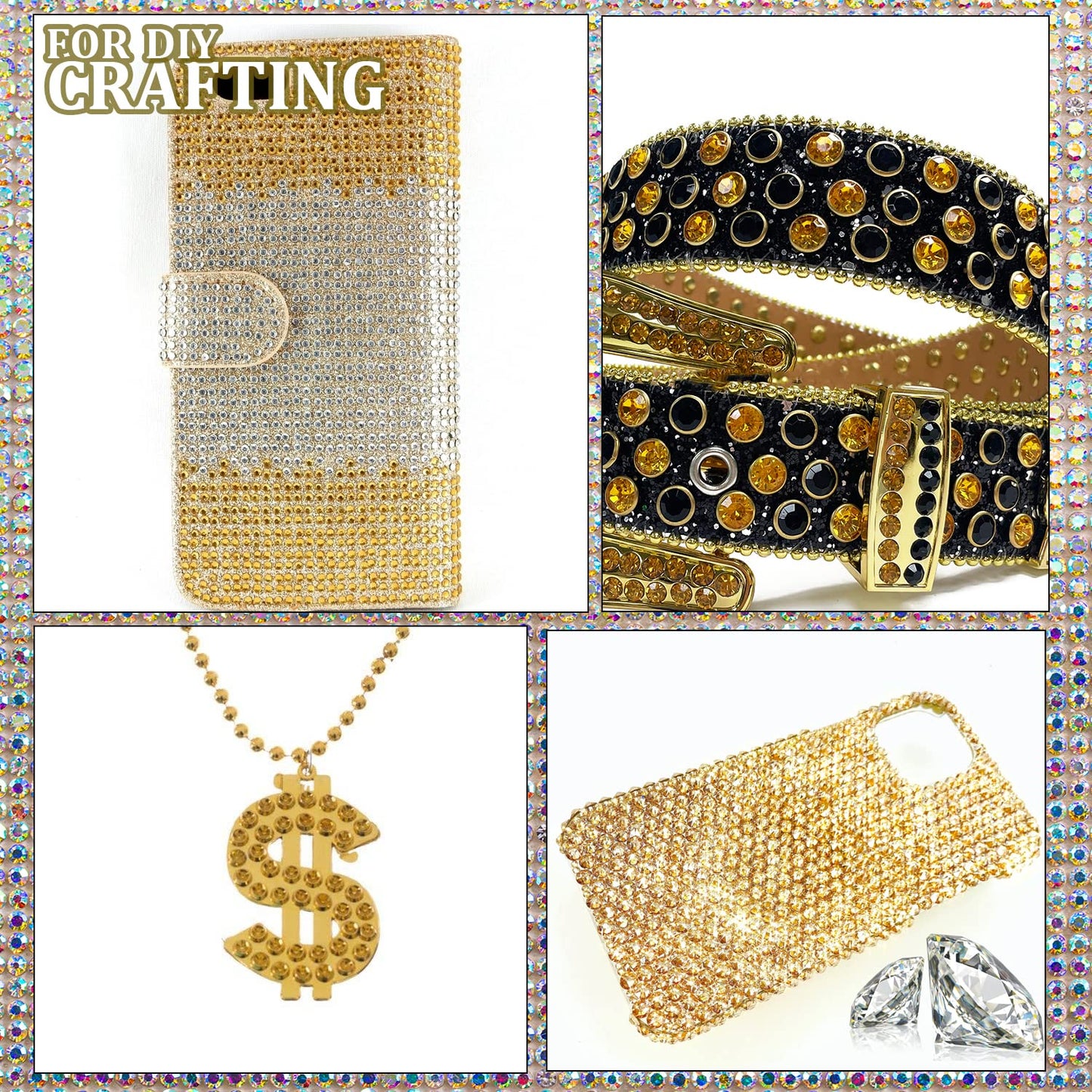 One Pack 2000 Pcs of Flatback Round Golden Yellow Rhinestones 6 Sizes (1.5-6 mm) with Nail Art Rhinestone Picker Pencil and Tweezer for DIY and Salon Use