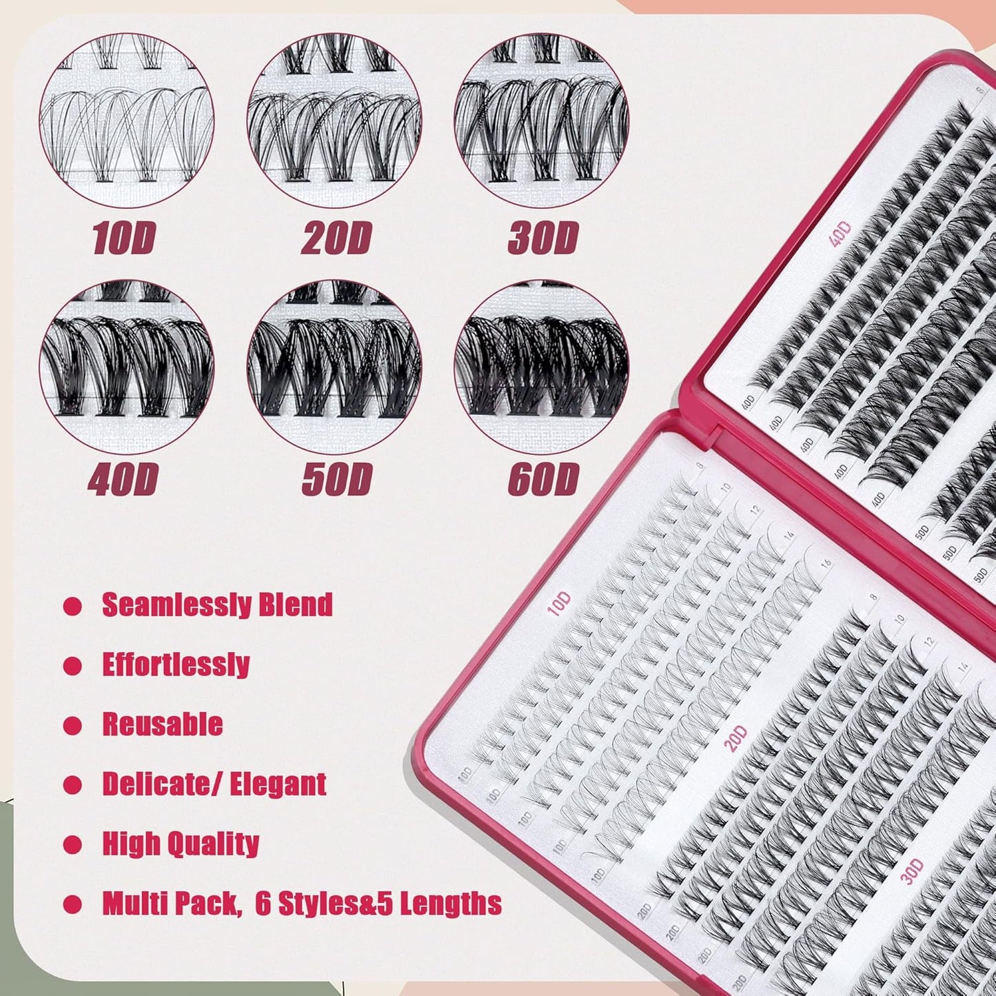 Lash Clusters 600PCS Lashes - Wispy Lash Clusters 10D 20D 30D+40D50D60D Individual Lashes Clusters D Curl Lash Extension 8-16MM Eyelash Clusters with Lash Bond and Seal