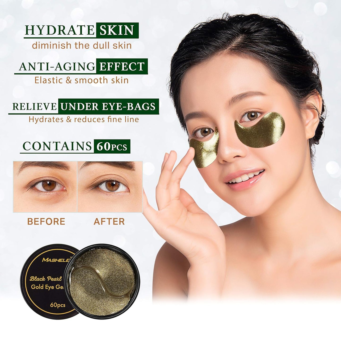 Korean 2pack Under Eye Patches 24K Gold Black Pearl Mask Anti-Aging Hyaluronic Acid Collagen Neck Forehead Laugh Line Pad Reducing Dark Circles & Wrinkles Treatment (120pcs, gold eye patches)