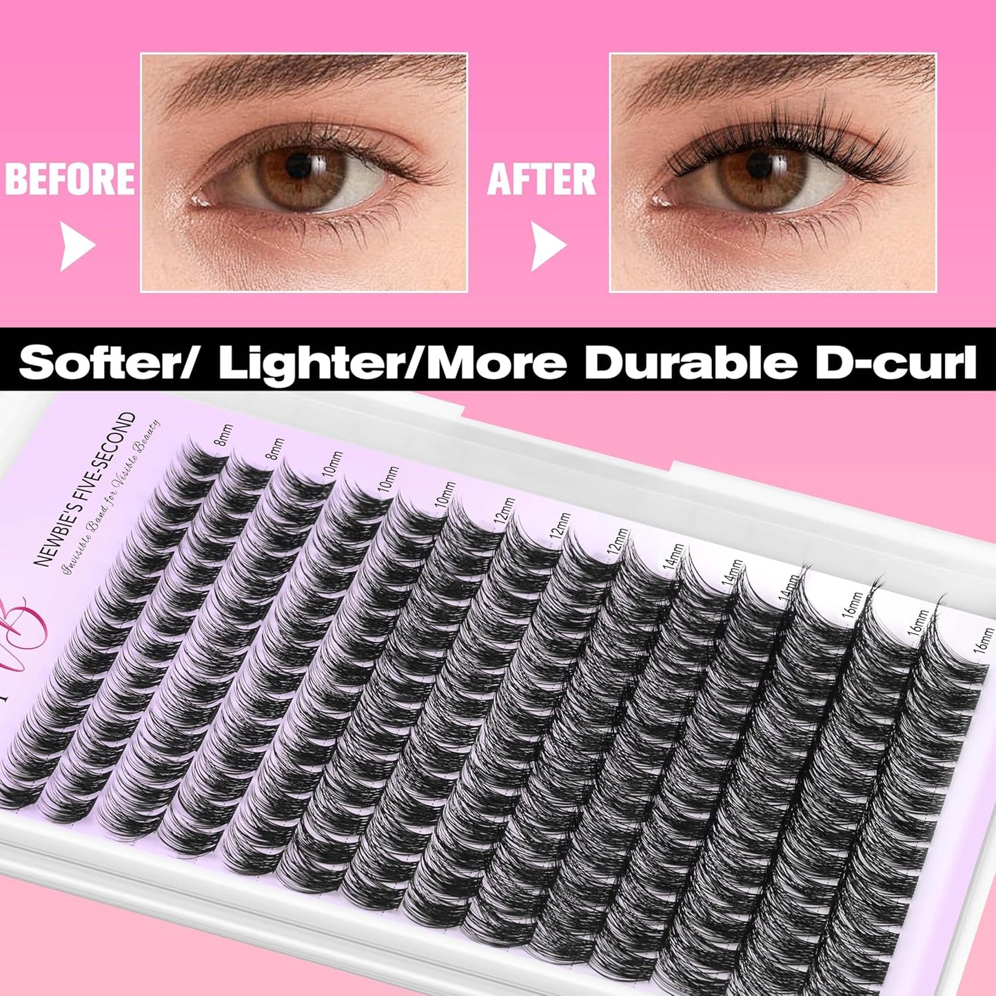 VEYESBEAUTY Lash Clusters Individual Eyelash Extensions Thin & Invisible Band DIY False Eyelashes for Self-application Newbie's Five-Second Series Wispy Lash Tray, Dreamy 8-16mm Mixed Length
